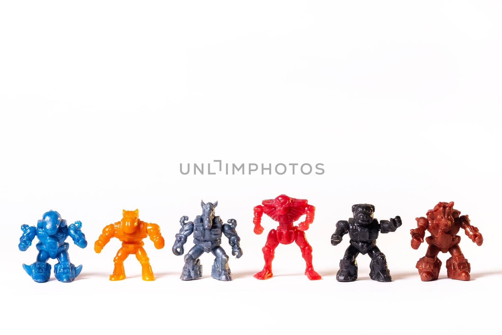 Vintage robot toys isolated on white background.