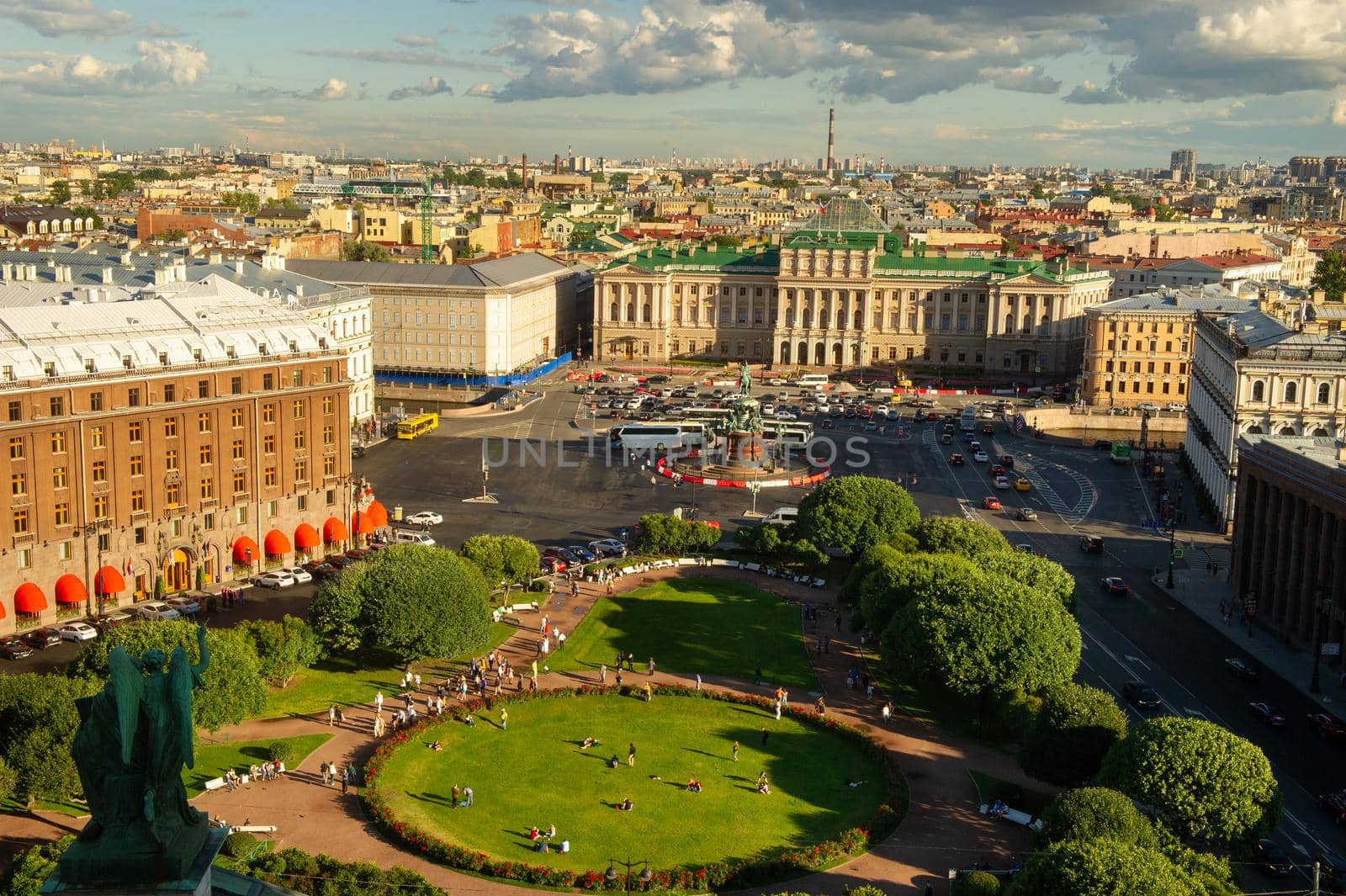 The St. Petersburg arial panorama with old historical streets and buildings is visible from the top of St. Isaac's Cathedral. Saint-Petersburg