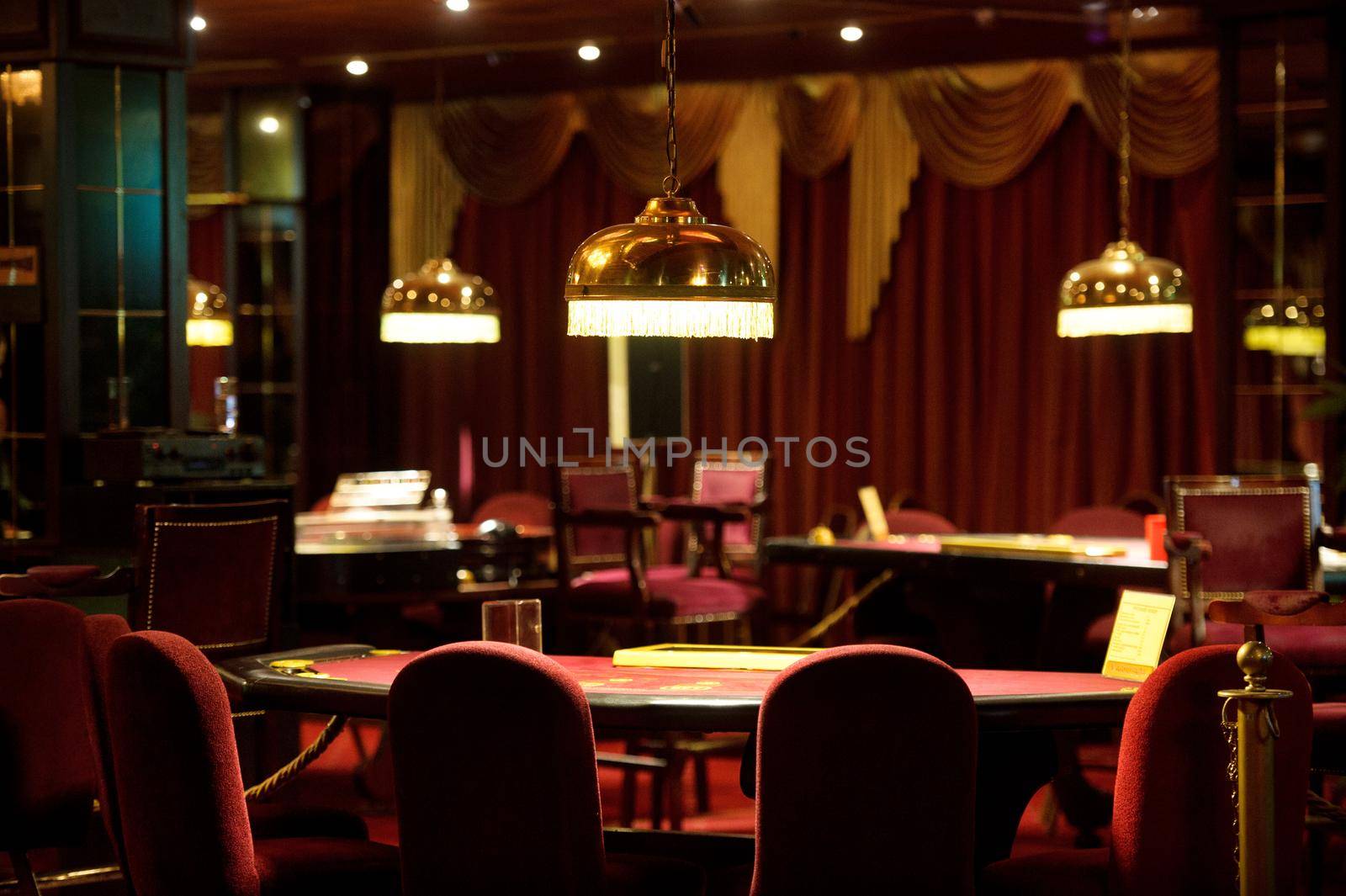 An empty blackjack table in a casino.