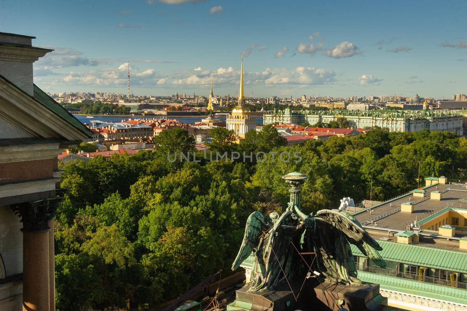 The St. Petersburg arial panorama with old historical streets and buildings is visible from the top of St. Isaac's Cathedral. Saint-Petersburg