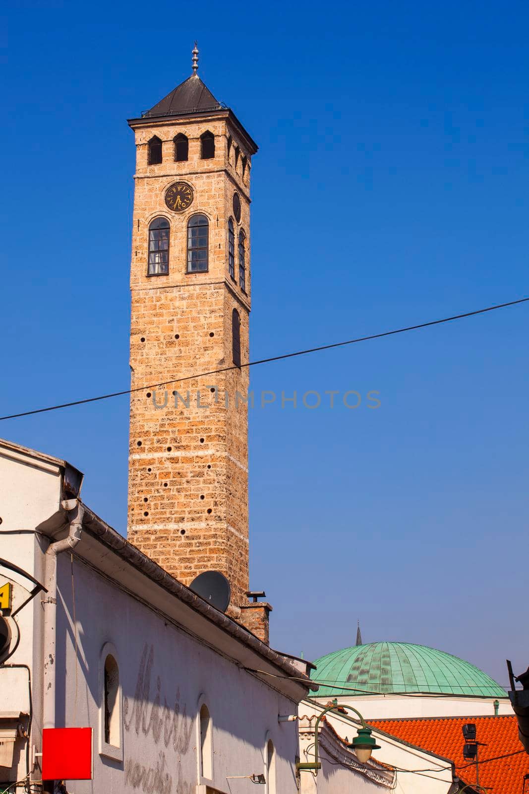 View of the Clock Tower called Sahat Kula in Sarajevo