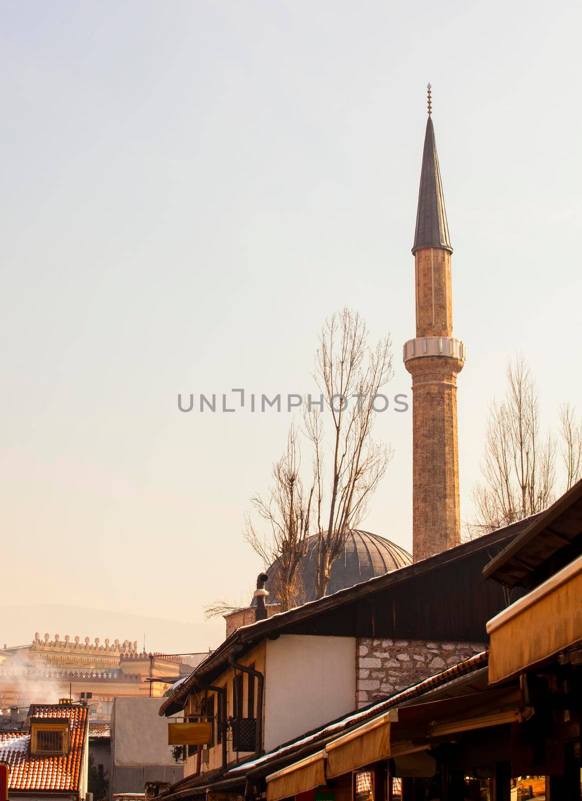 SARAJEVO, BOSNIA-ERZEGOVINA - FEBRUARY, 16: View of the Bascarsijska Dzamija minaret on February 16, 2018