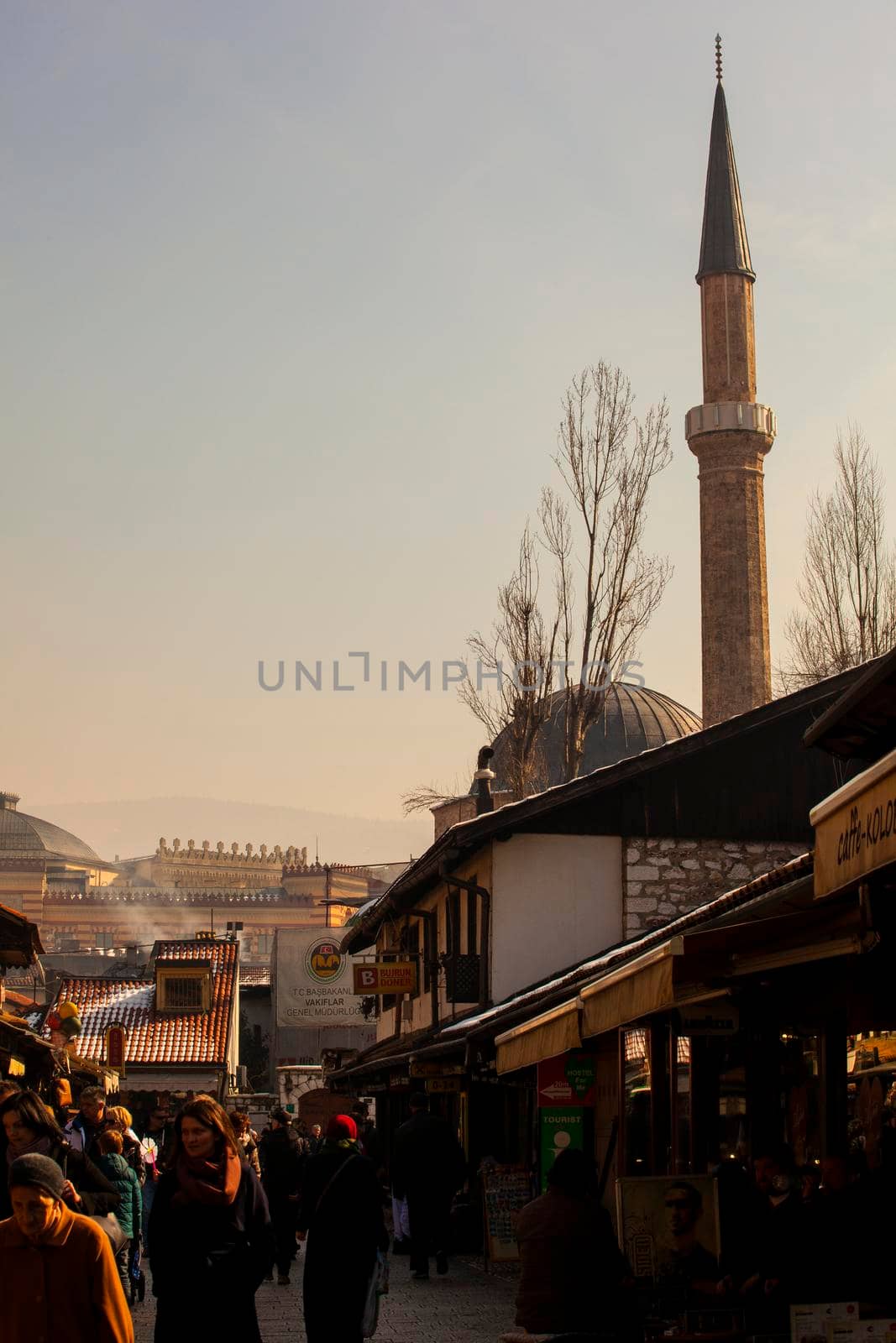 SARAJEVO, BOSNIA-ERZEGOVINA - FEBRUARY, 16: View of the Bascarsijska Dzamija minaret on February 16, 2018