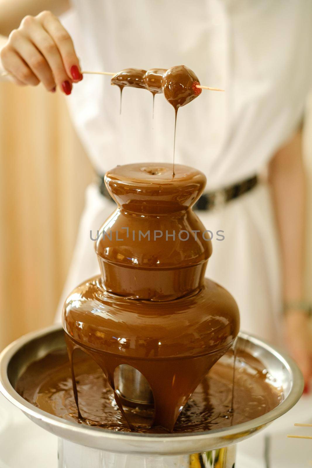 Fondue with a chocolate fountain and sweets for it.Sweet theme.