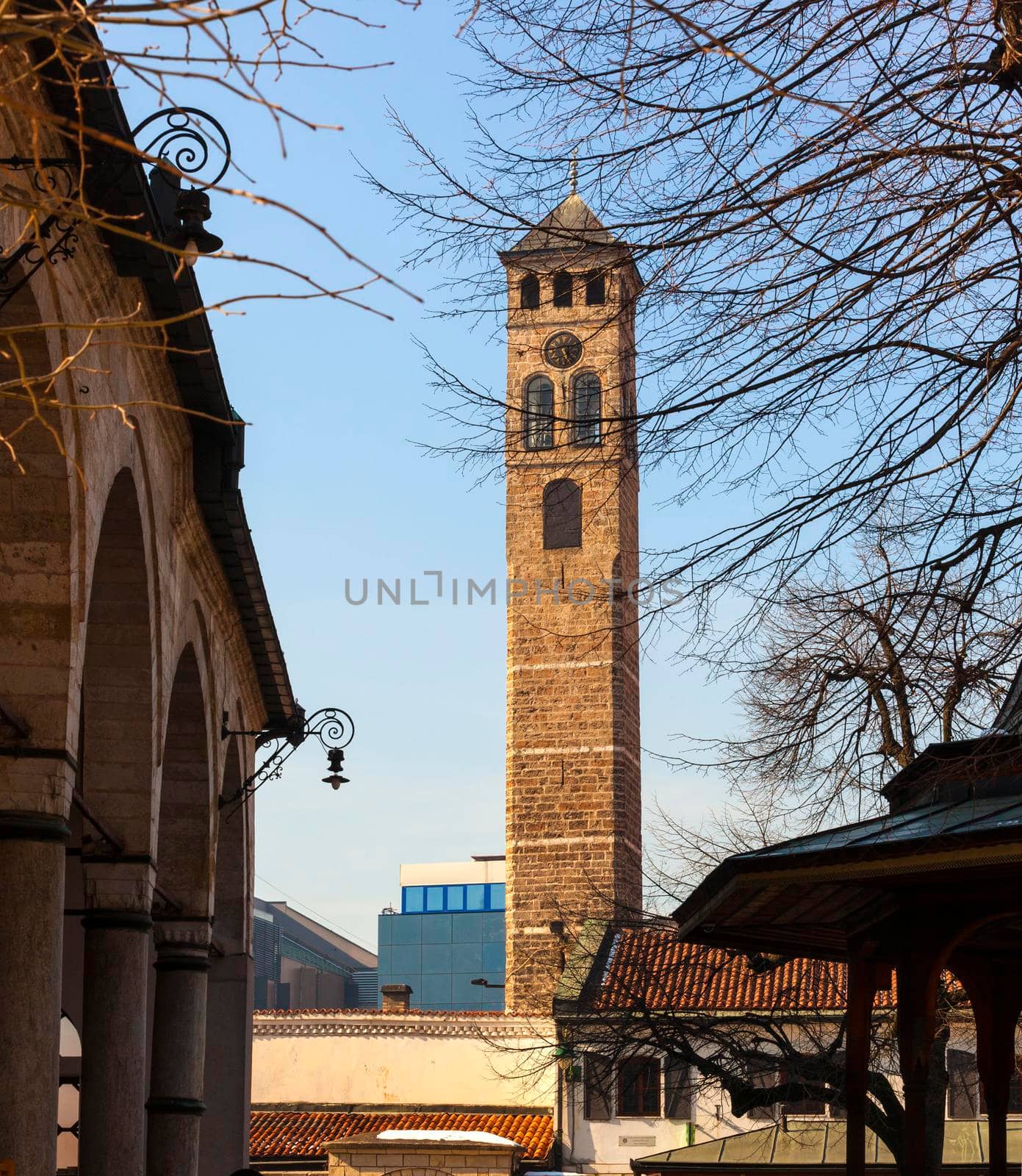 View of the Clock Tower called Sahat Kula in Sarajevo