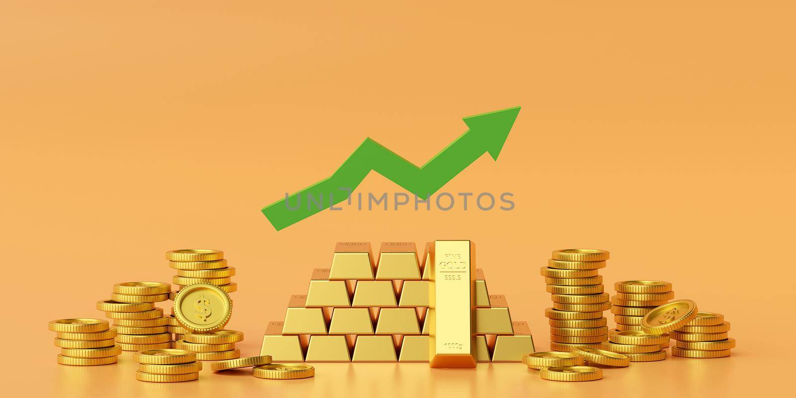 Gold bar with arrow rise up, Banner background with copy space, 3d rendering by nutzchotwarut