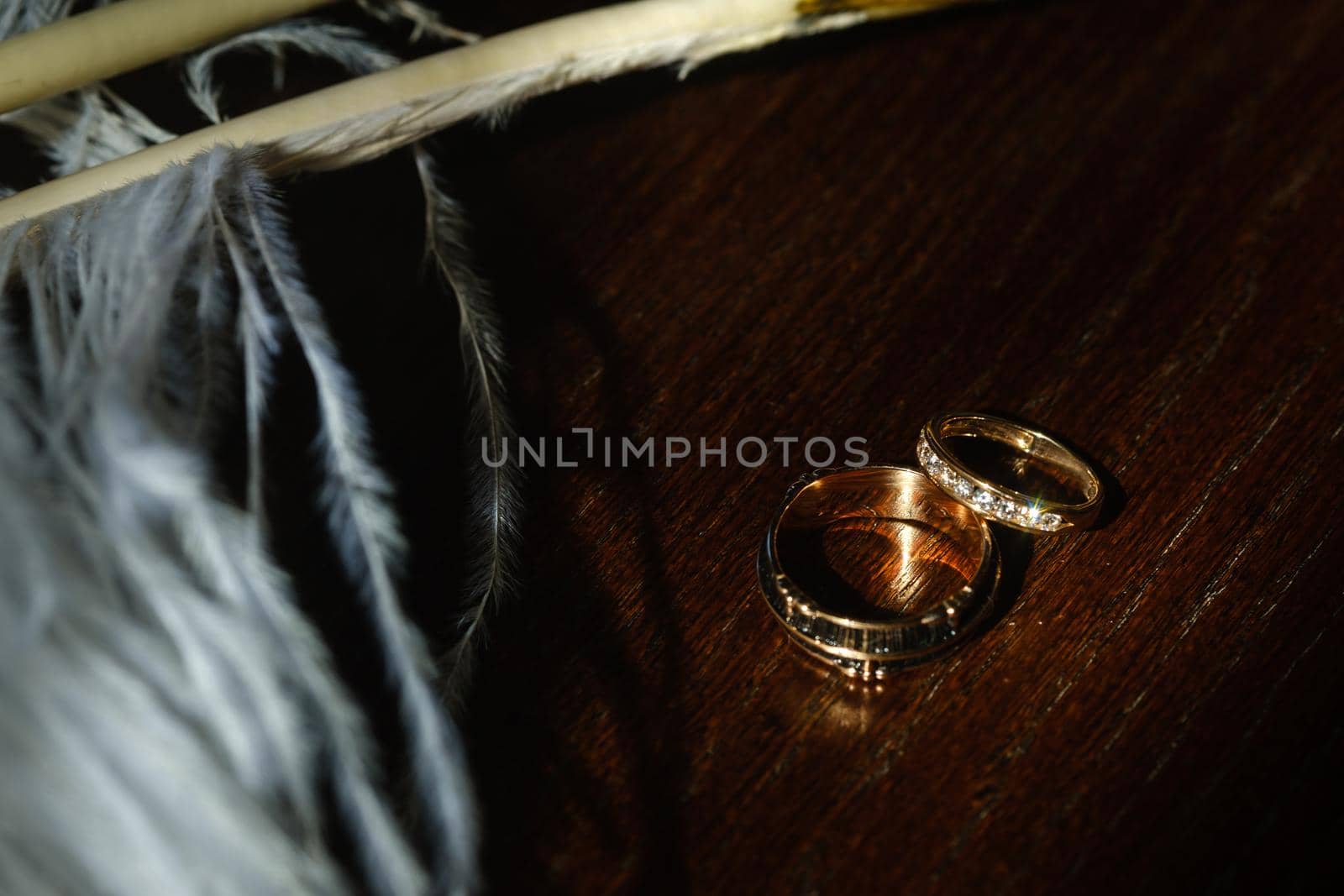 Two wedding rings lie in white feathers. The concept of love.