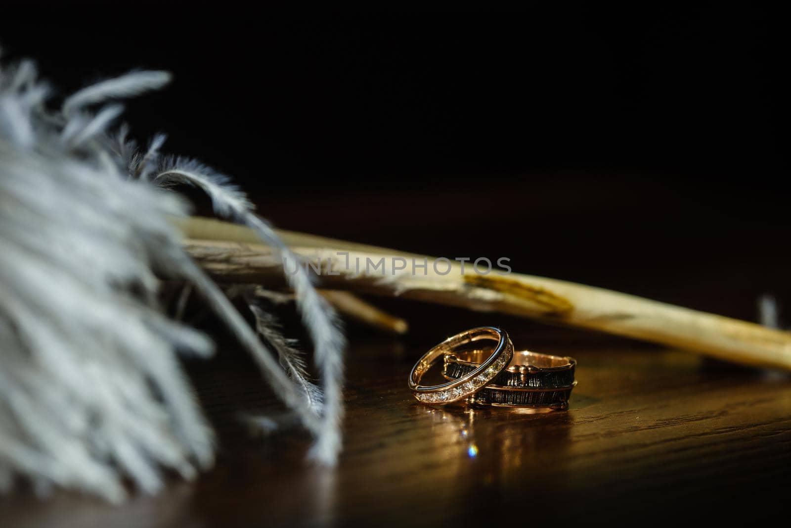 Two wedding rings lie in white feathers. The concept of love.