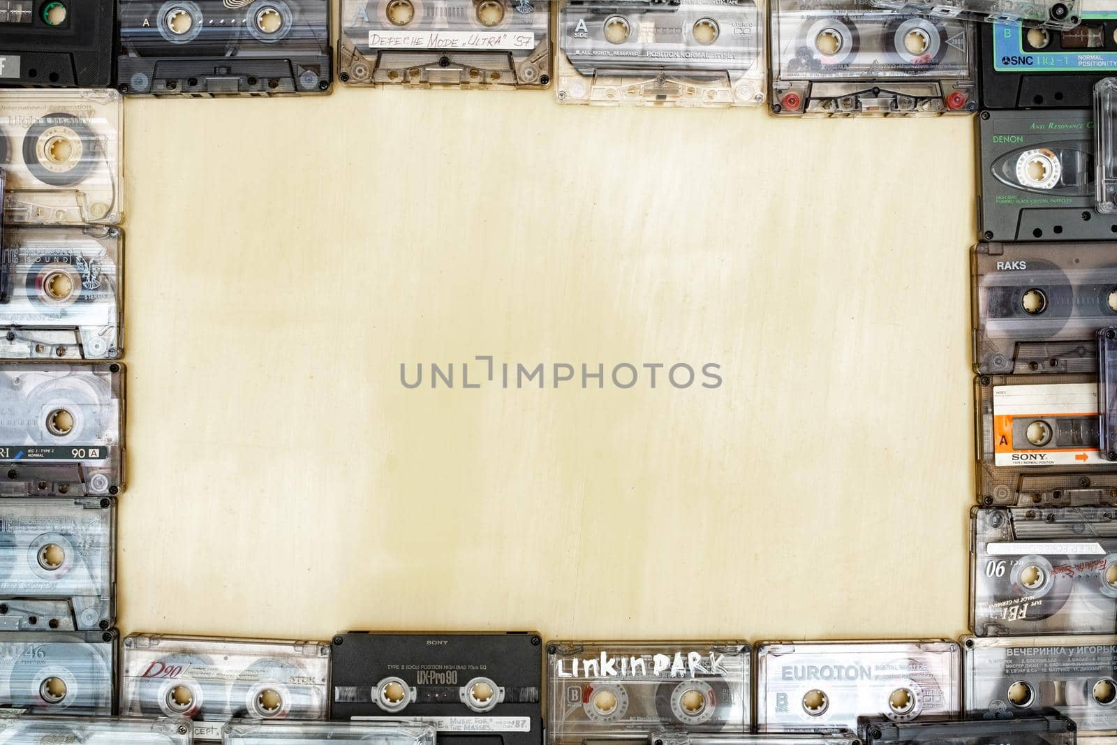March 28,2021, Minsk, Belarus.A huge collection of audio cassettes. Retro music background.