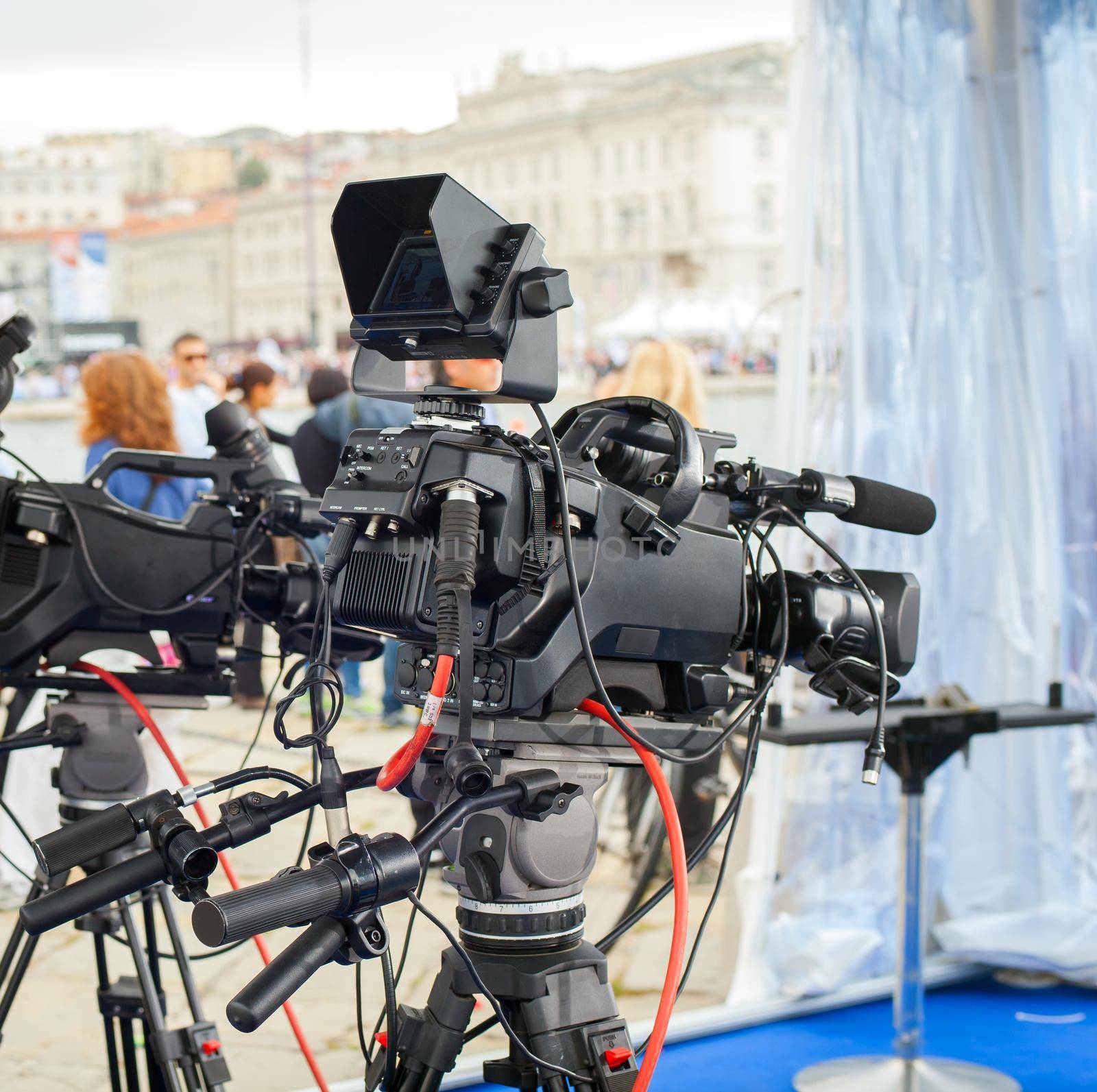 TRIESTE, ITALY - OCTOBER, 12: The crew of the RAI, Radiotelevisione italiana, preparing the interview set during the 46 th Barcolana on October 12, 2014