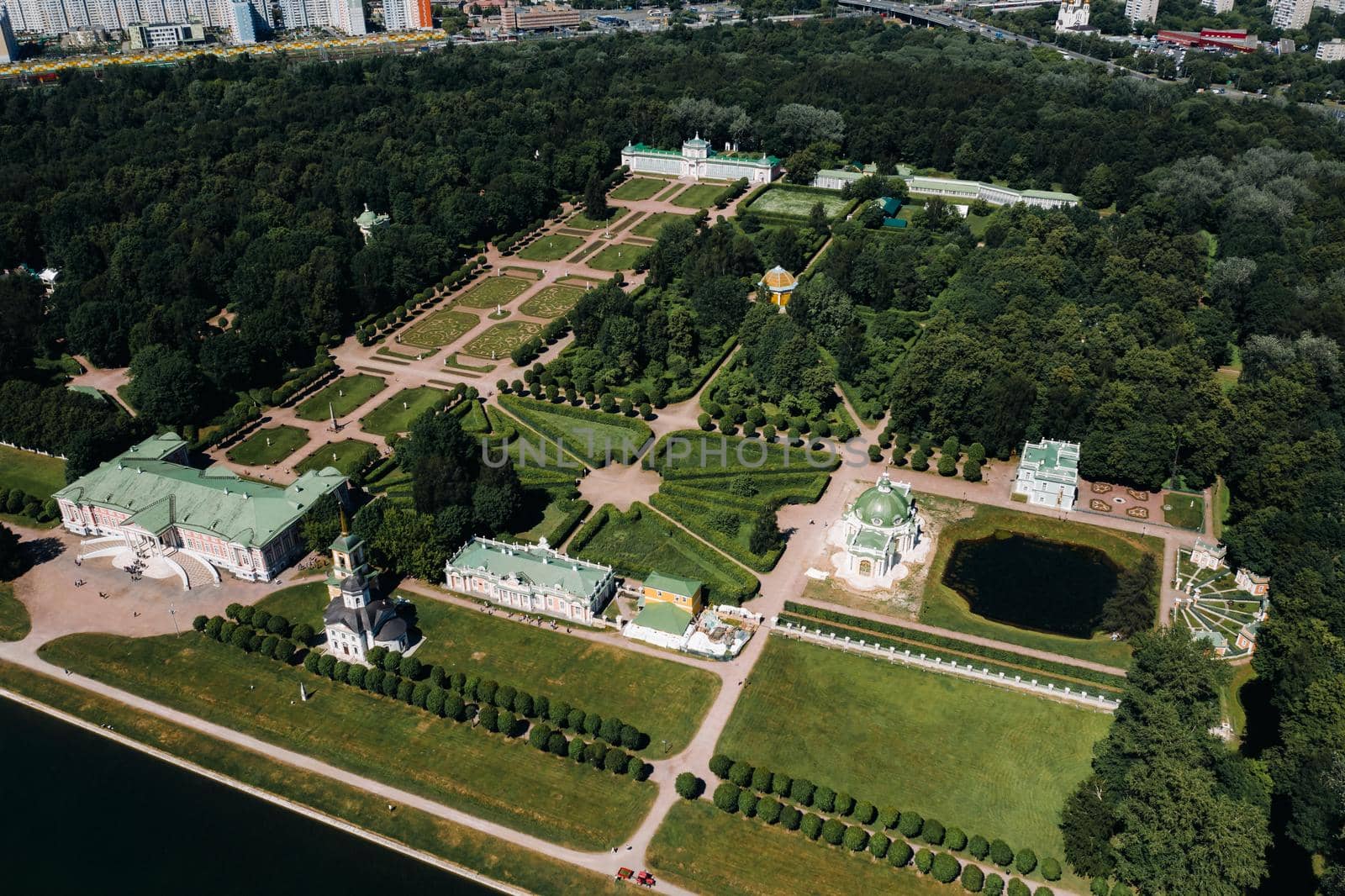 View from the height of the Kuskovo Estate in Moscow, Russia. Kuskovo manor is a unique monument of the XVIII century, a summer residence in Moscow.