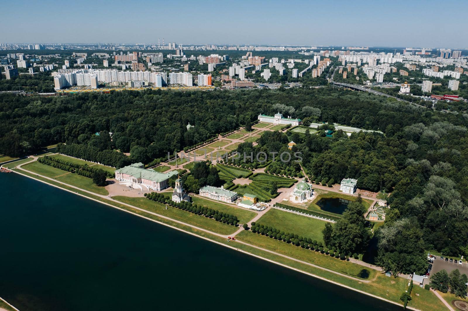 View from the height of the Kuskovo Estate in Moscow, Russia. Kuskovo manor is a unique monument of the XVIII century, a summer residence in Moscow.