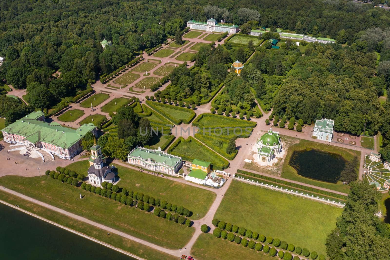 View from the height of the Kuskovo Estate in Moscow, Russia. Kuskovo manor is a unique monument of the XVIII century, a summer residence in Moscow.