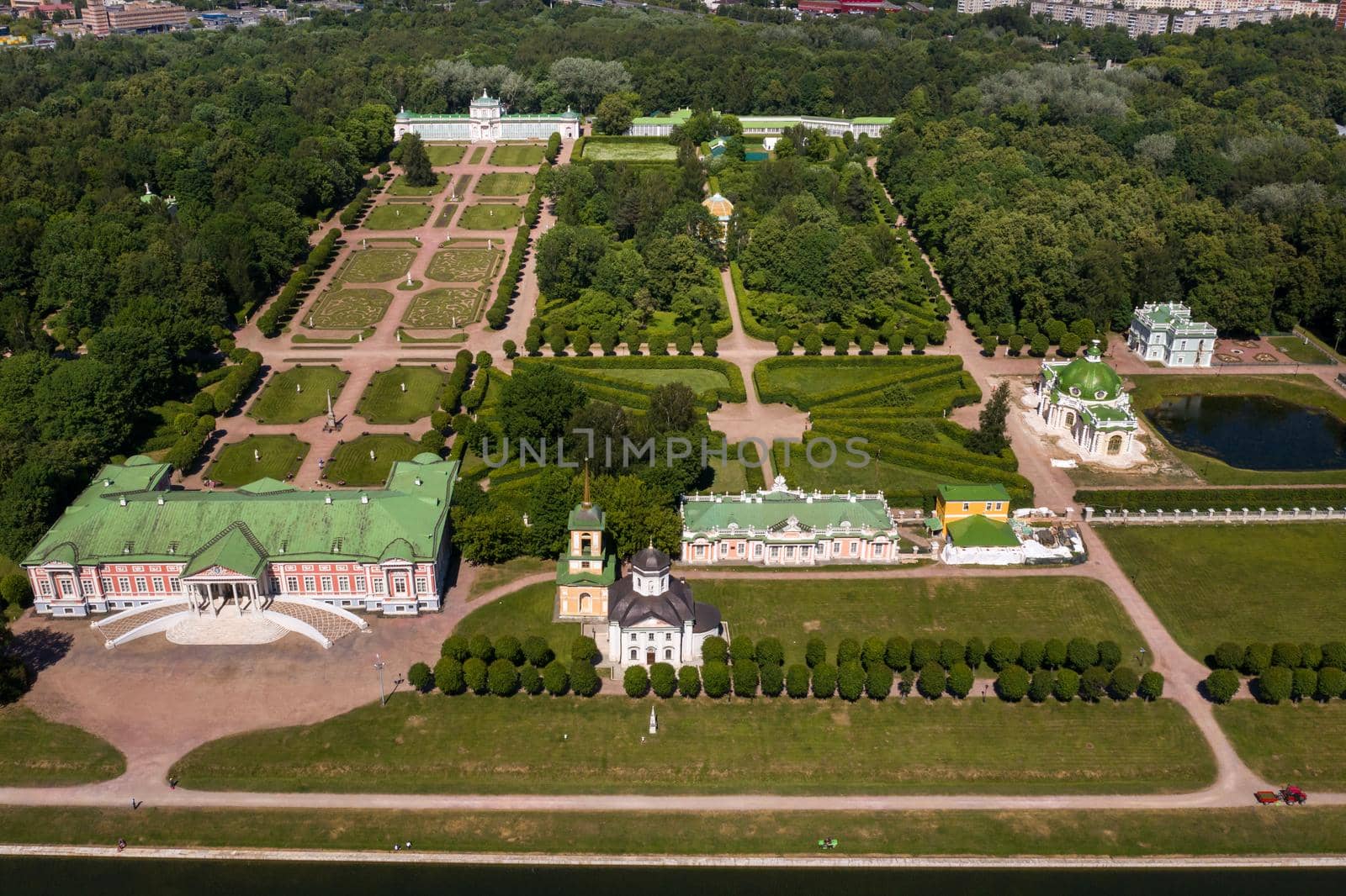 View from the height of the Kuskovo Estate in Moscow, Russia. Kuskovo manor is a unique monument of the XVIII century, a summer residence in Moscow.