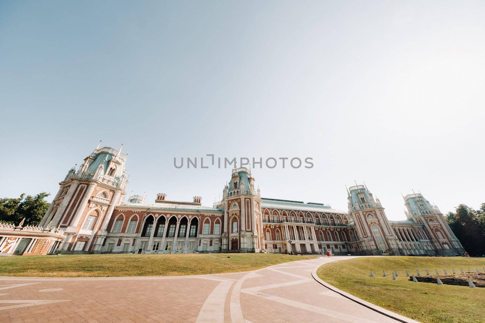 Grand Palace in Tsaritsyno in summer, Russia. Tsaritsyno Park is one of the main tourist attractions in Moscow. Beautiful scenic view of the old Tsaritsyn complex in summer.