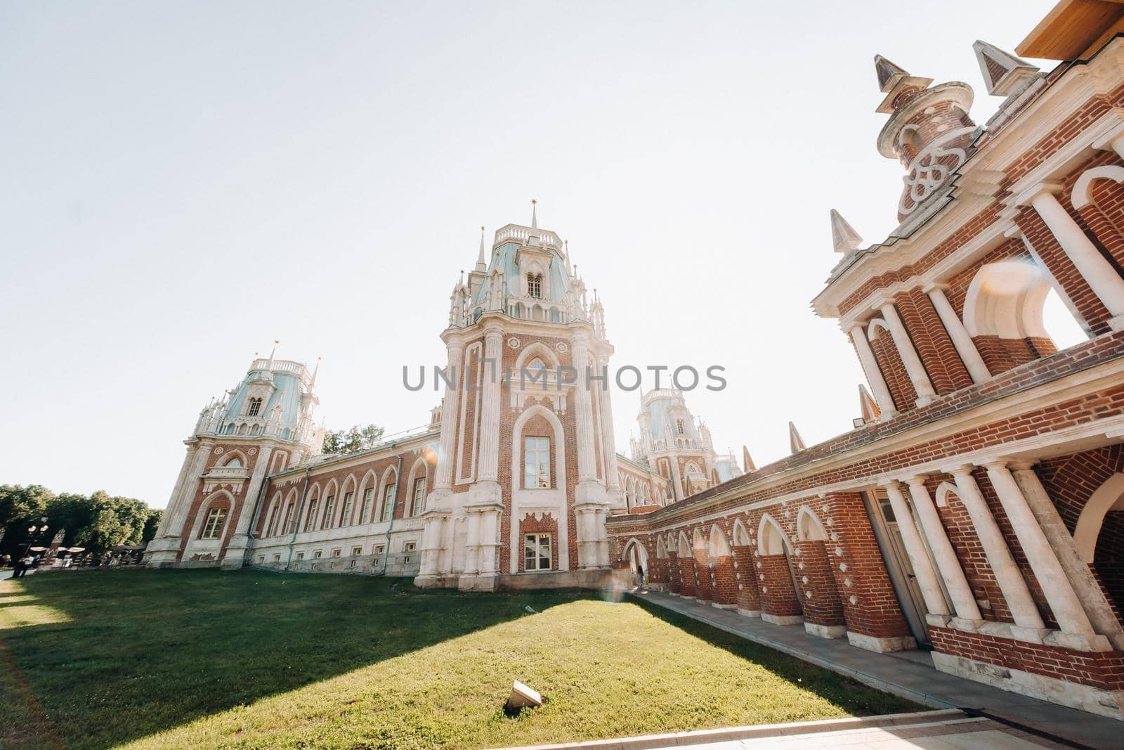 Grand Palace in Tsaritsyno in summer, Russia. Tsaritsyno Park is one of the main tourist attractions in Moscow. Beautiful scenic view of the old Tsaritsyn complex in summer.