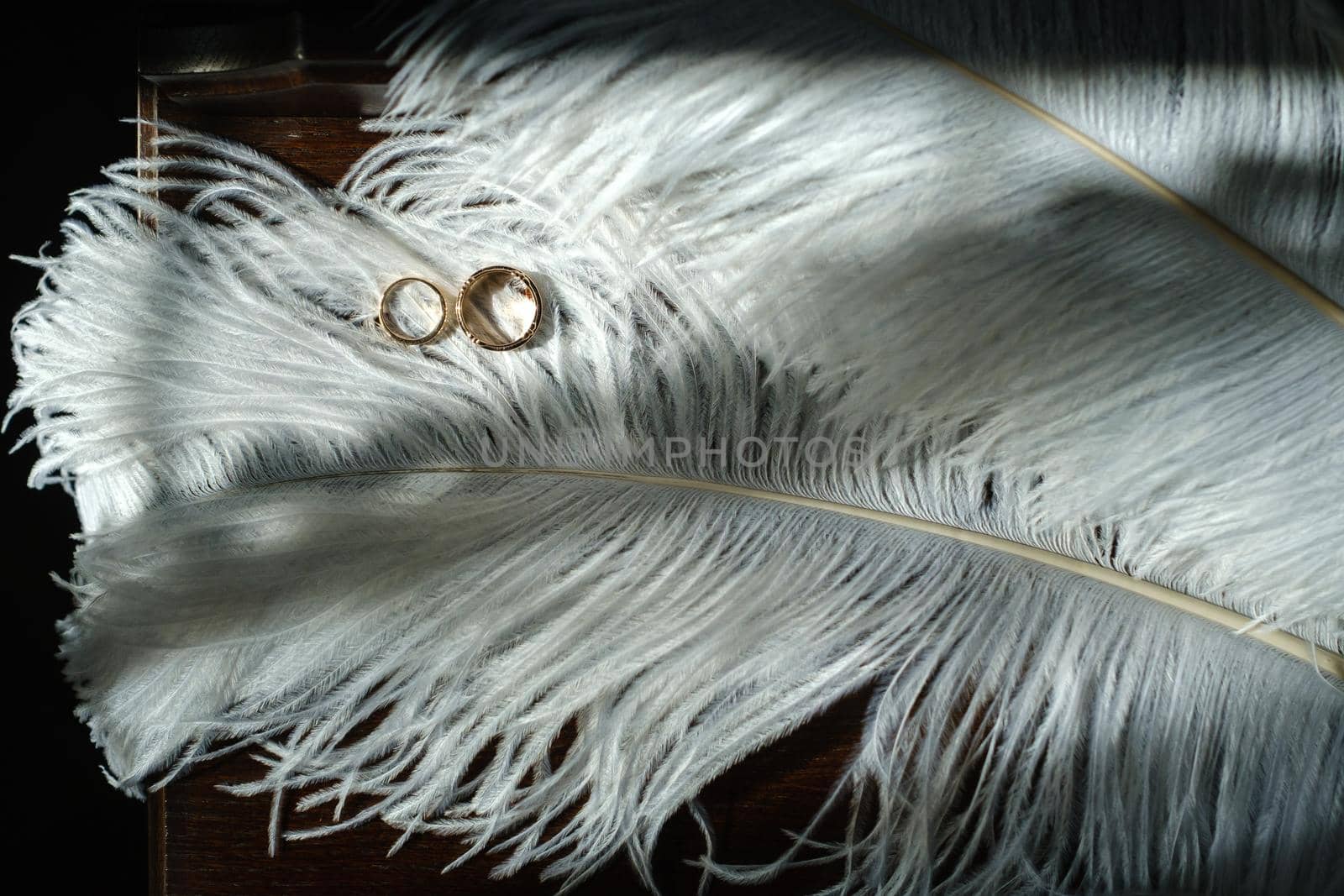 Two wedding rings lie in white feathers. The concept of love.