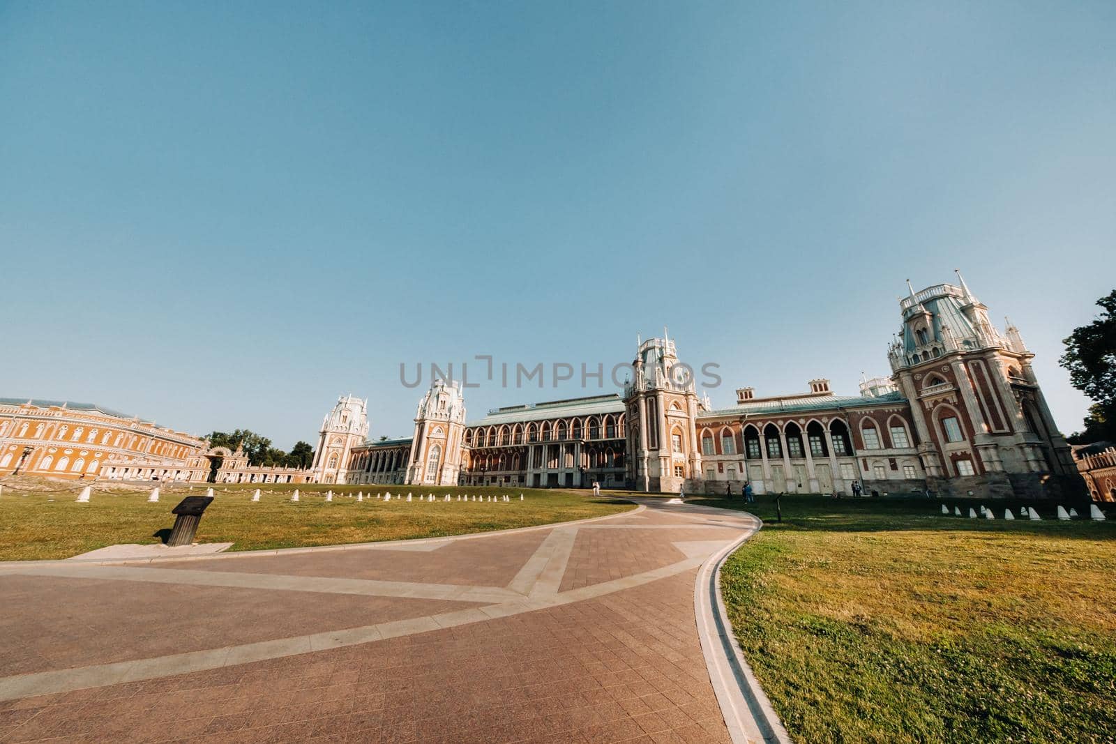 Grand Palace in Tsaritsyno in summer, Russia. Tsaritsyno Park is one of the main tourist attractions in Moscow. Beautiful scenic view of the old Tsaritsyn complex in summer.