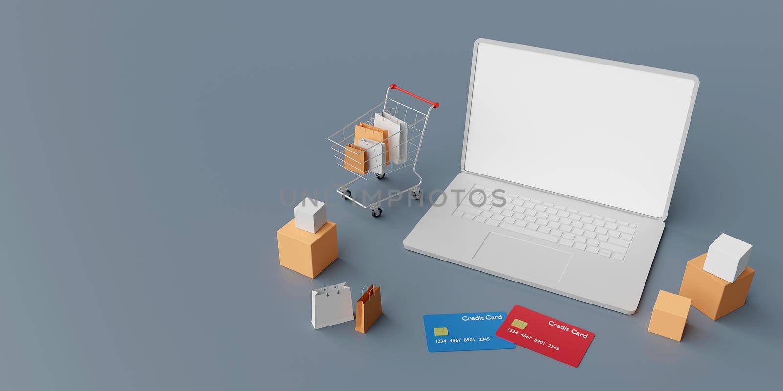 Shopping online on laptop concept, 3d rendering