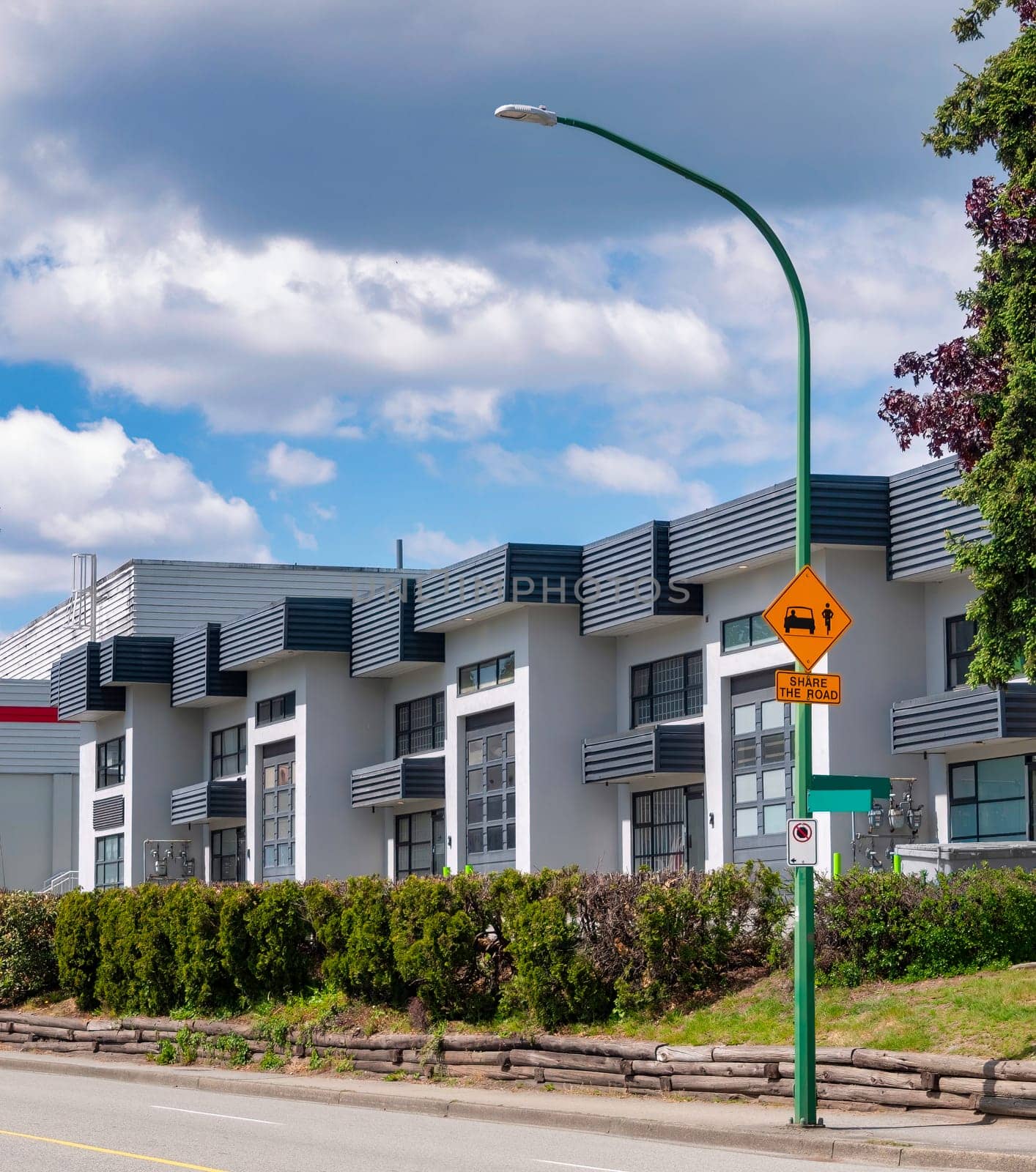 Business office building on a street in Burnaby, Vancouver, Canada.