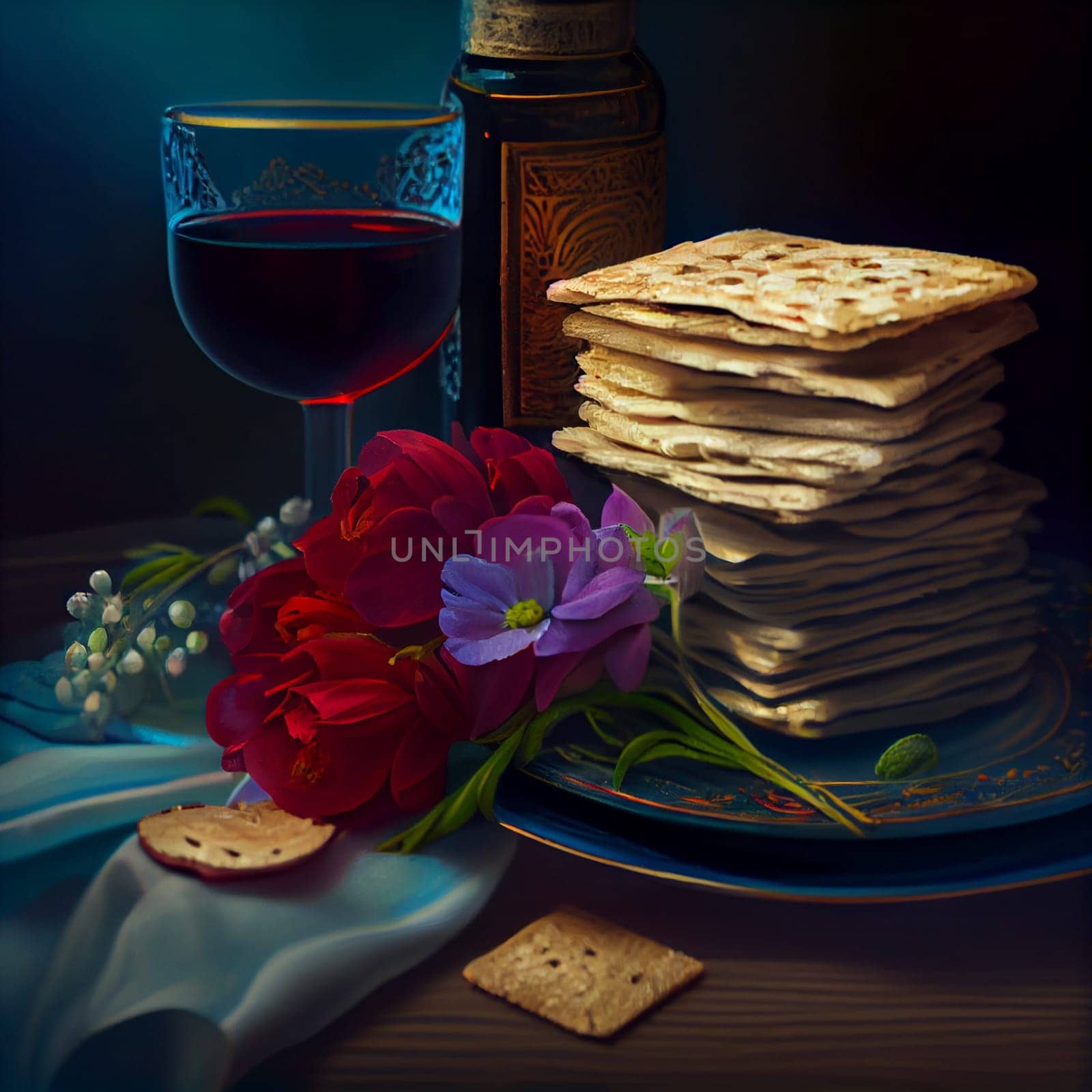 Pesah celebration, jewish Passover holiday. flowers and matza greeting card. AI Generative by lucia_fox