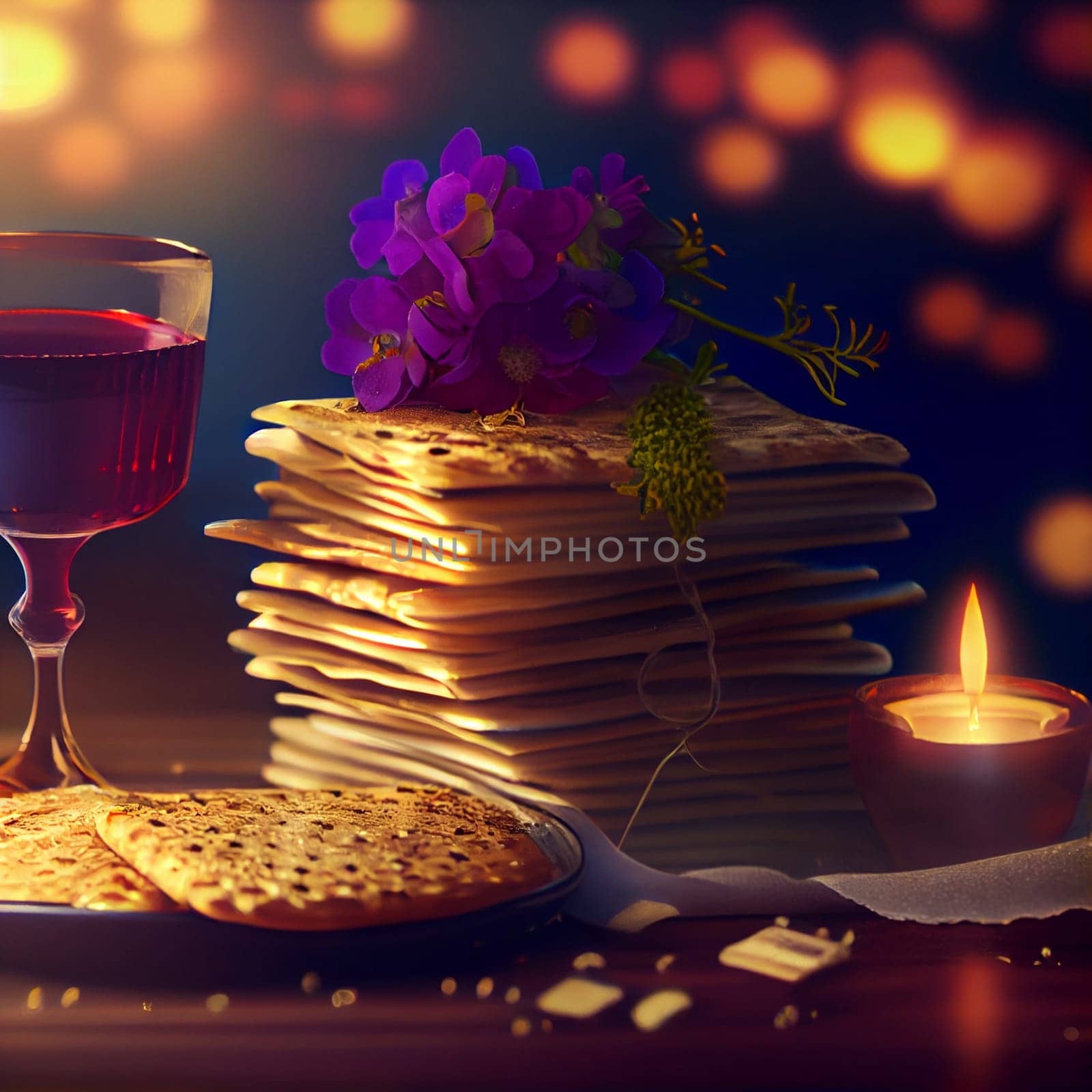 Pesah celebration, jewish Passover holiday. flowers and matza greeting card. AI Generative by lucia_fox