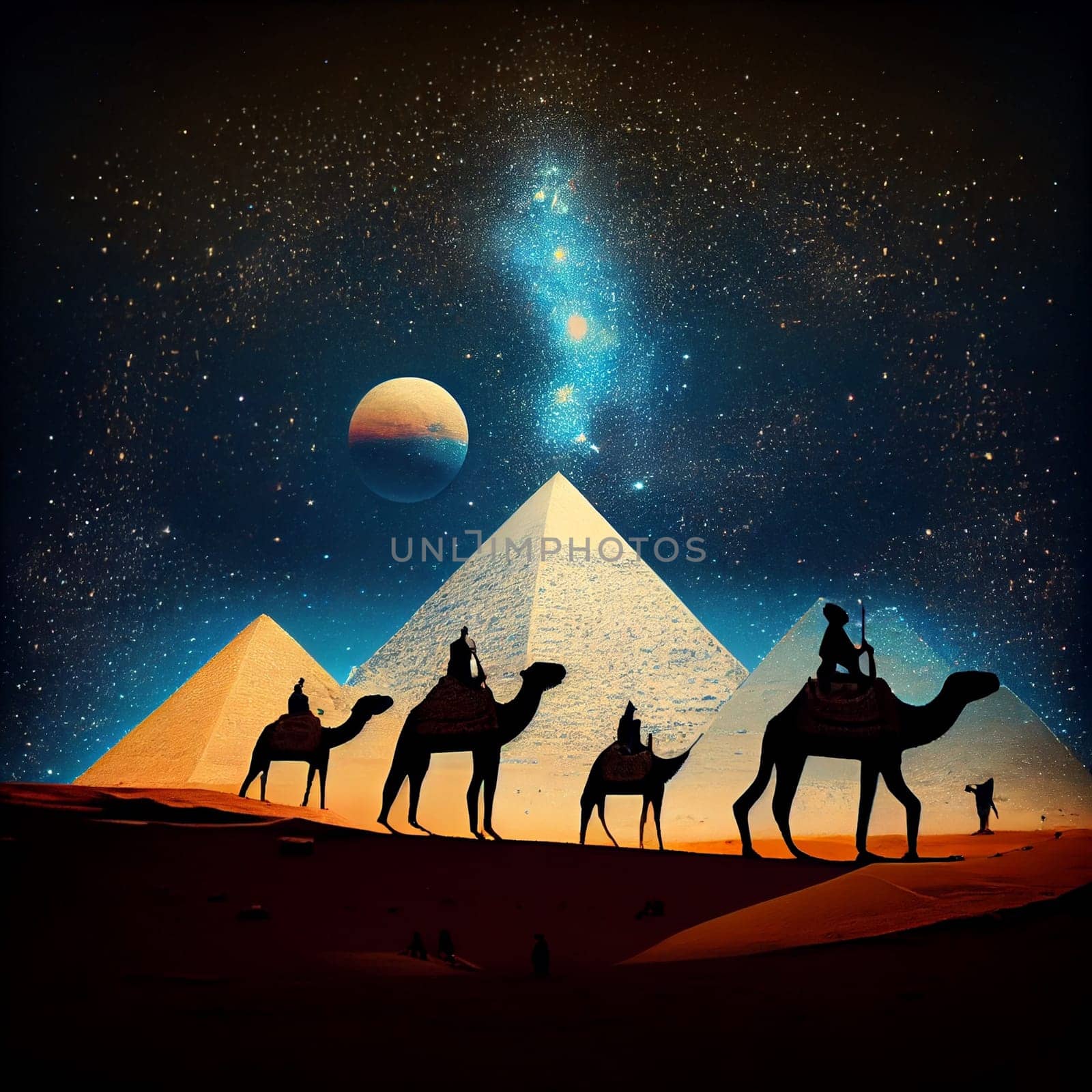 The Pyramids of Giza by night in Egypt. AI Generative by lucia_fox