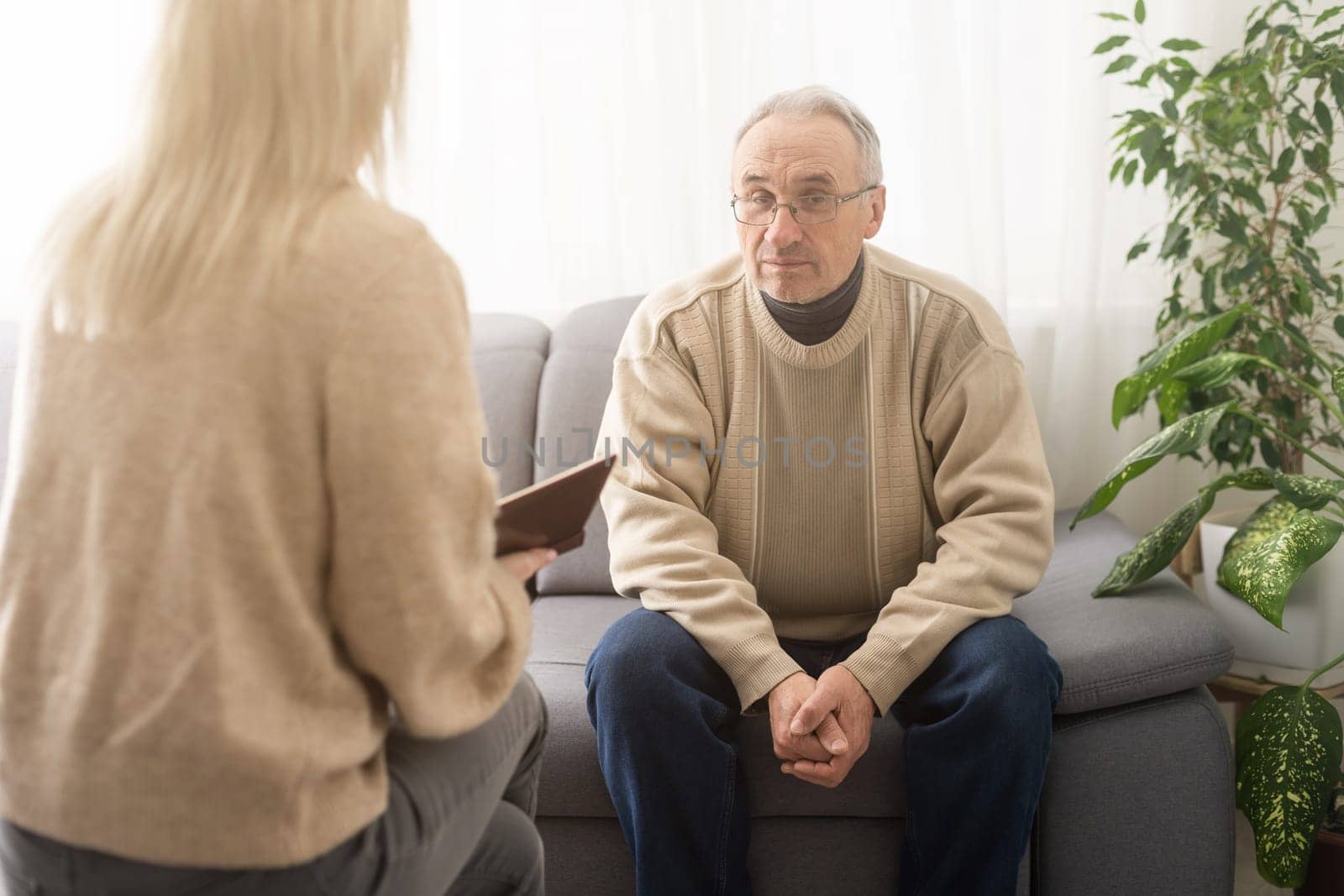 Caregiver psychologist console american senior people for mental health, geriatric psychology, Depressed senior man talking with female psychologist, desperate people, emotions sad, elderly worry,