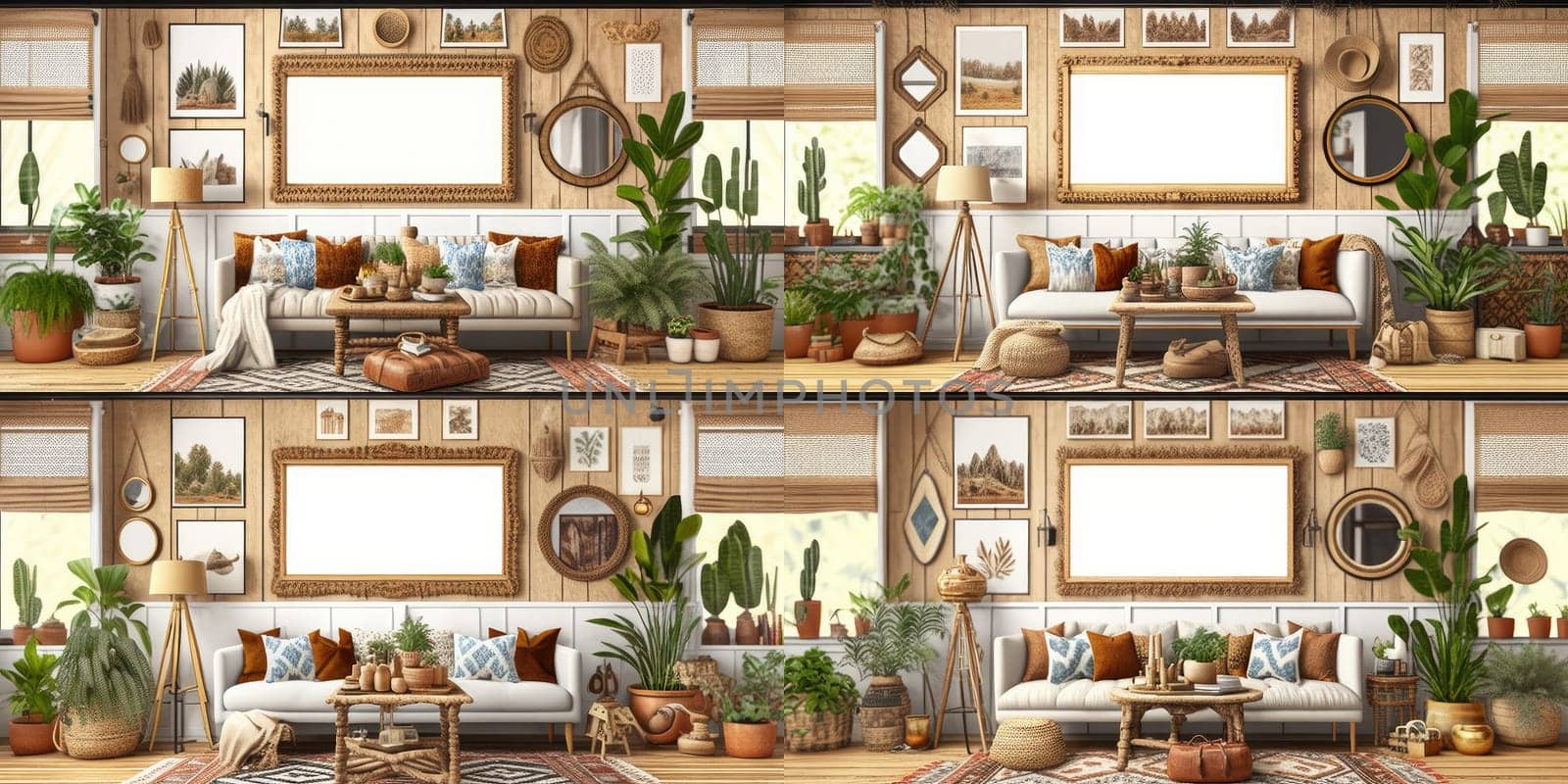 Stylish scandinavian living room with design mint sofa, furnitures, mock up poster map, plants and elegant personal accessories. Modern home decor. Bright and sunny room. Generative AI illustration