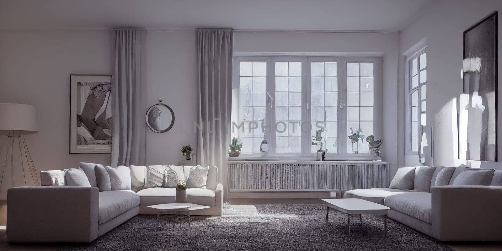 Stylish scandinavian living room with design mint sofa, furnitures, mock up poster map, plants and elegant personal accessories. Modern home decor. Bright and sunny room. Generative AI illustration