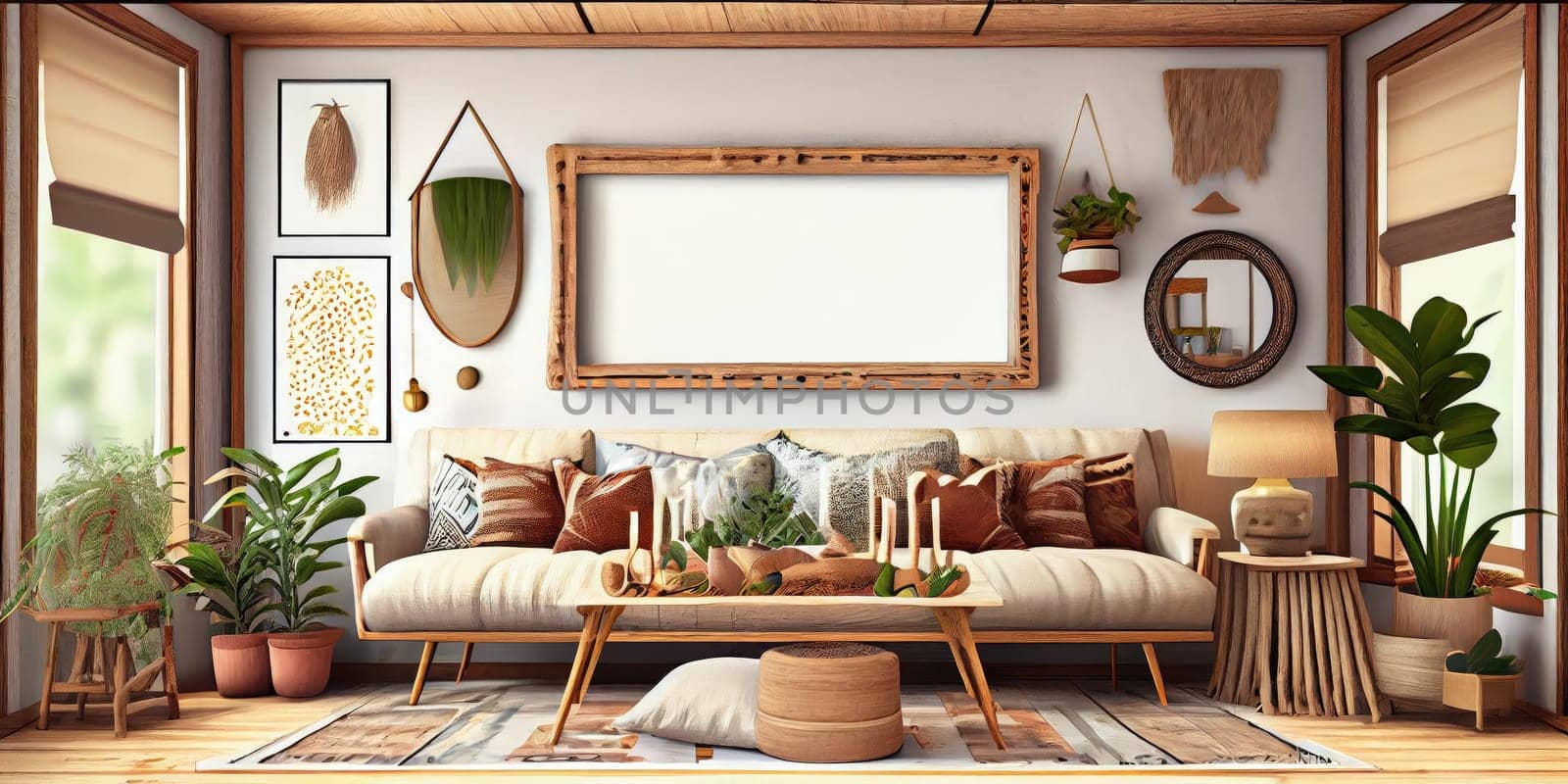 Stylish scandinavian living room with design mint sofa, furnitures, mock up poster map, plants and elegant personal accessories. Modern home decor. Bright and sunny room. Generative AI illustration