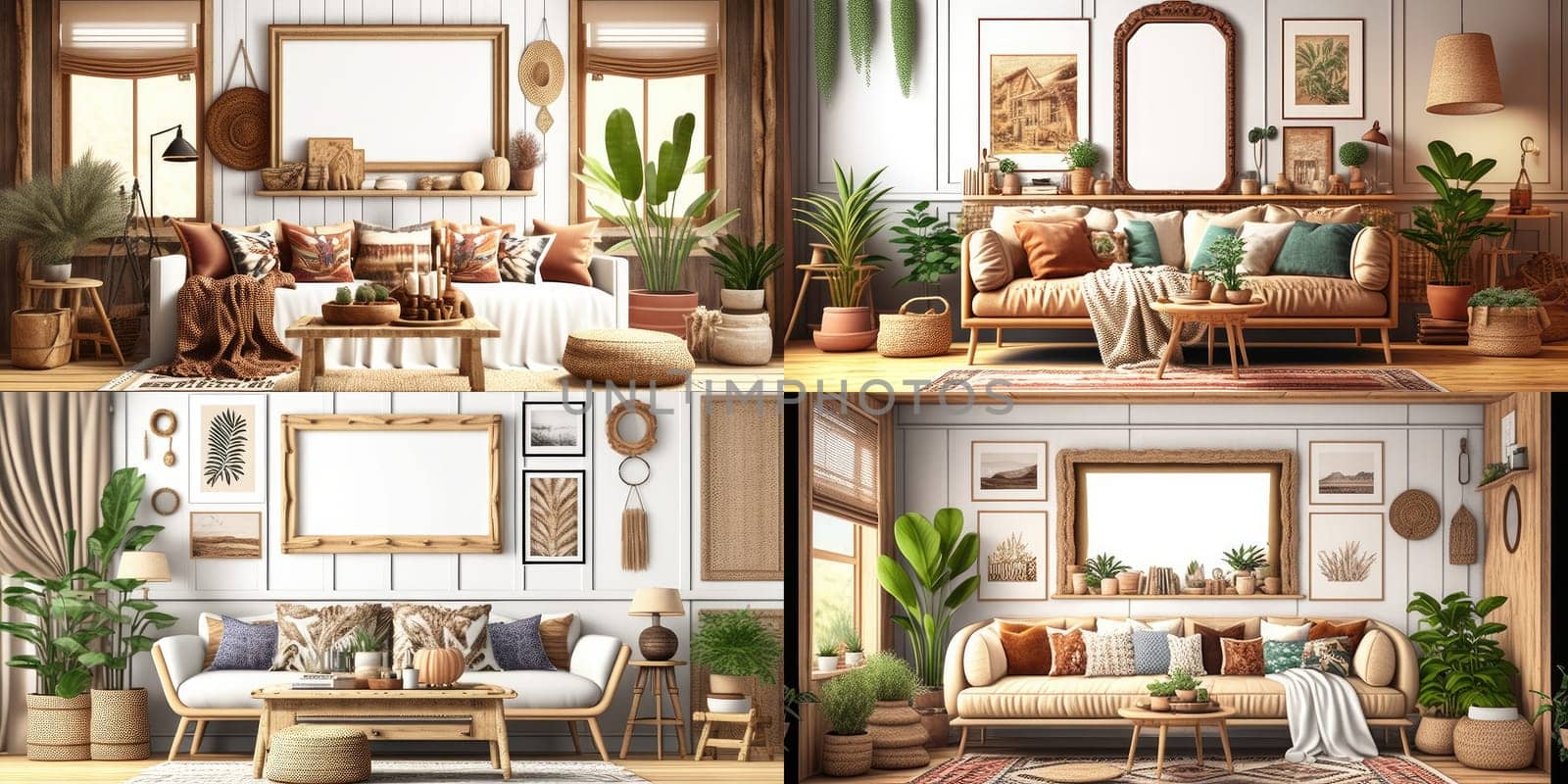 Stylish scandinavian living room with design mint sofa, furnitures, mock up poster map, plants and elegant personal accessories. Modern home decor. Bright and sunny room. Generative AI illustration. by Benzoix