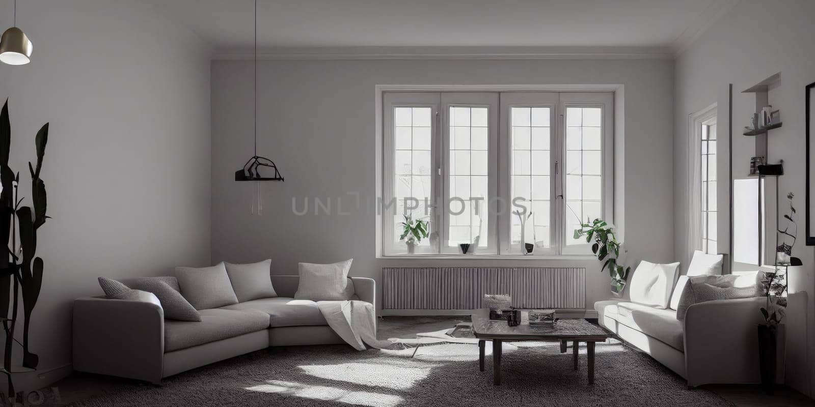 Stylish scandinavian living room with design mint sofa, furnitures, mock up poster map, plants and elegant personal accessories. Modern home decor. Bright and sunny room. Generative AI illustration. by Benzoix