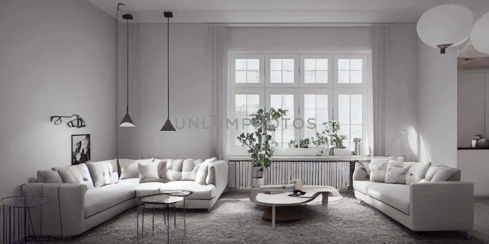 Stylish scandinavian living room with design mint sofa, furnitures, mock up poster map, plants and elegant personal accessories. Modern home decor. Bright and sunny room. Generative AI illustration. by Benzoix