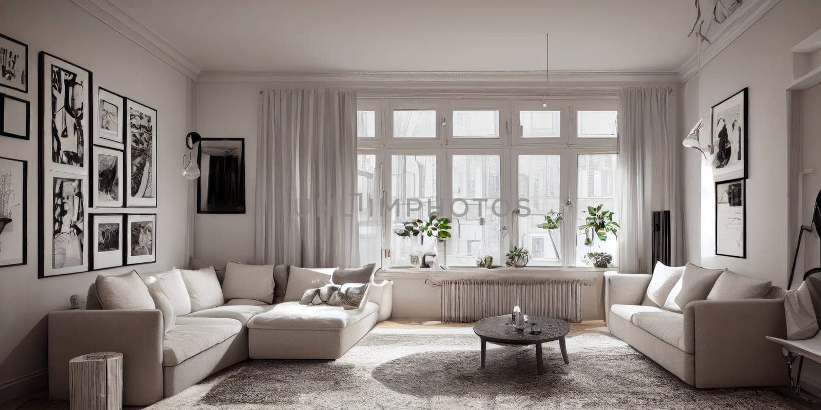 Stylish scandinavian living room with design mint sofa, furnitures, mock up poster map, plants and elegant personal accessories. Modern home decor. Bright and sunny room. Generative AI illustration. by Benzoix