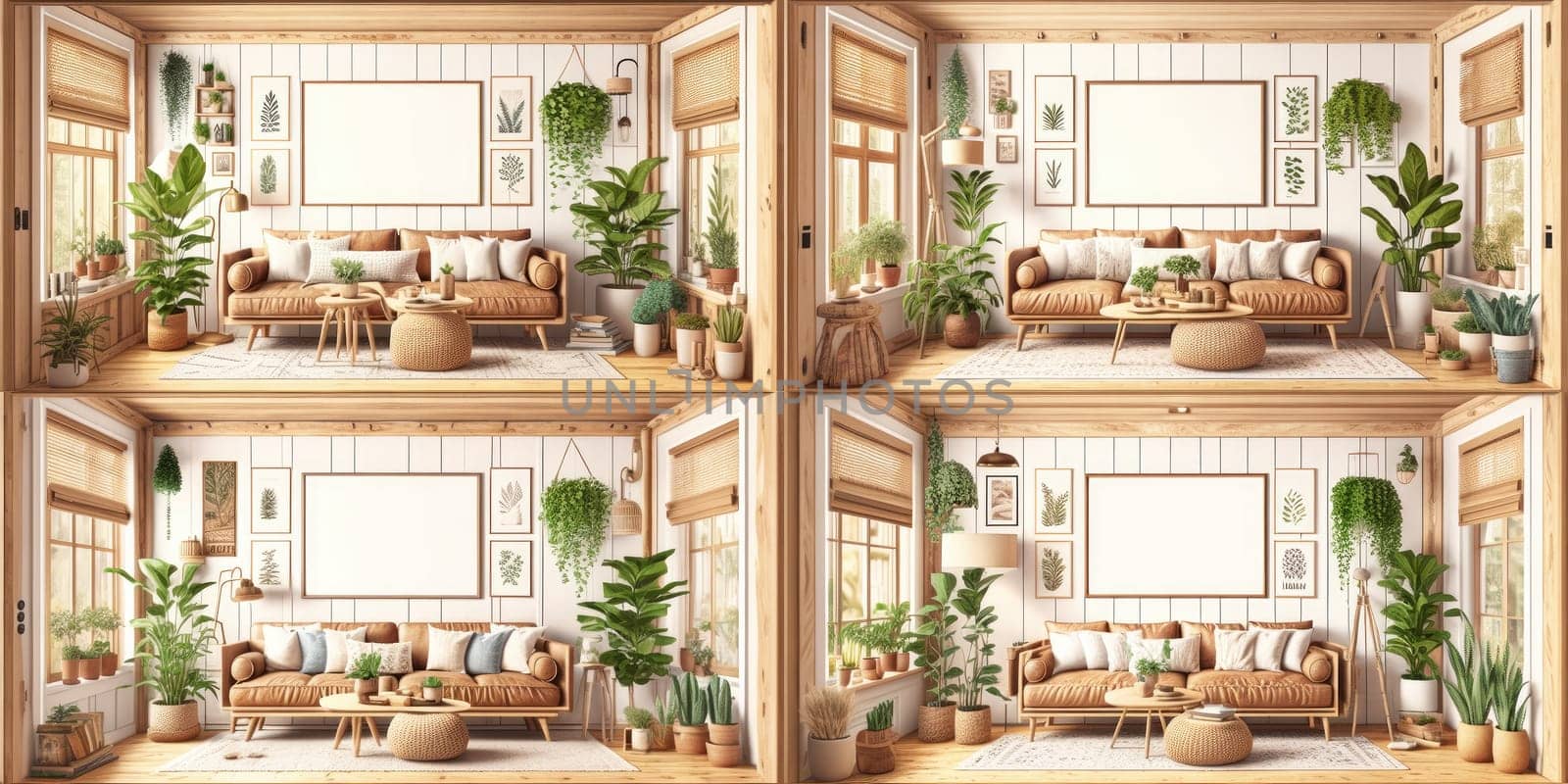 Stylish scandinavian living room with design mint sofa, furnitures, mock up poster map, plants and elegant personal accessories. Modern home decor. Bright and sunny room. Generative AI illustration