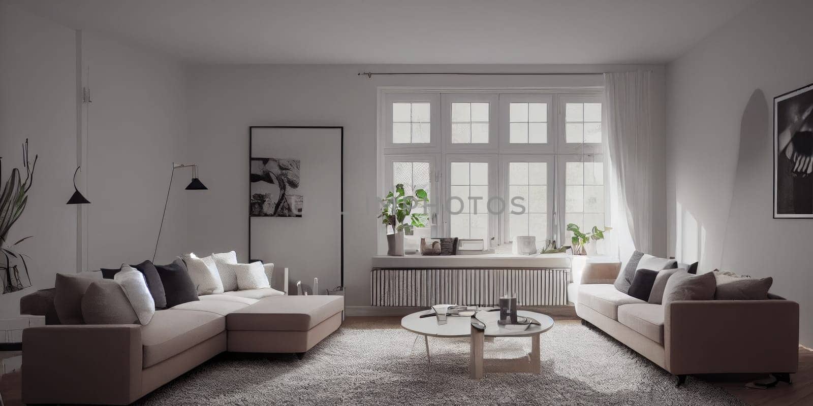 Stylish scandinavian living room with design mint sofa, furnitures, mock up poster map, plants and elegant personal accessories. Modern home decor. Bright and sunny room. Generative AI illustration