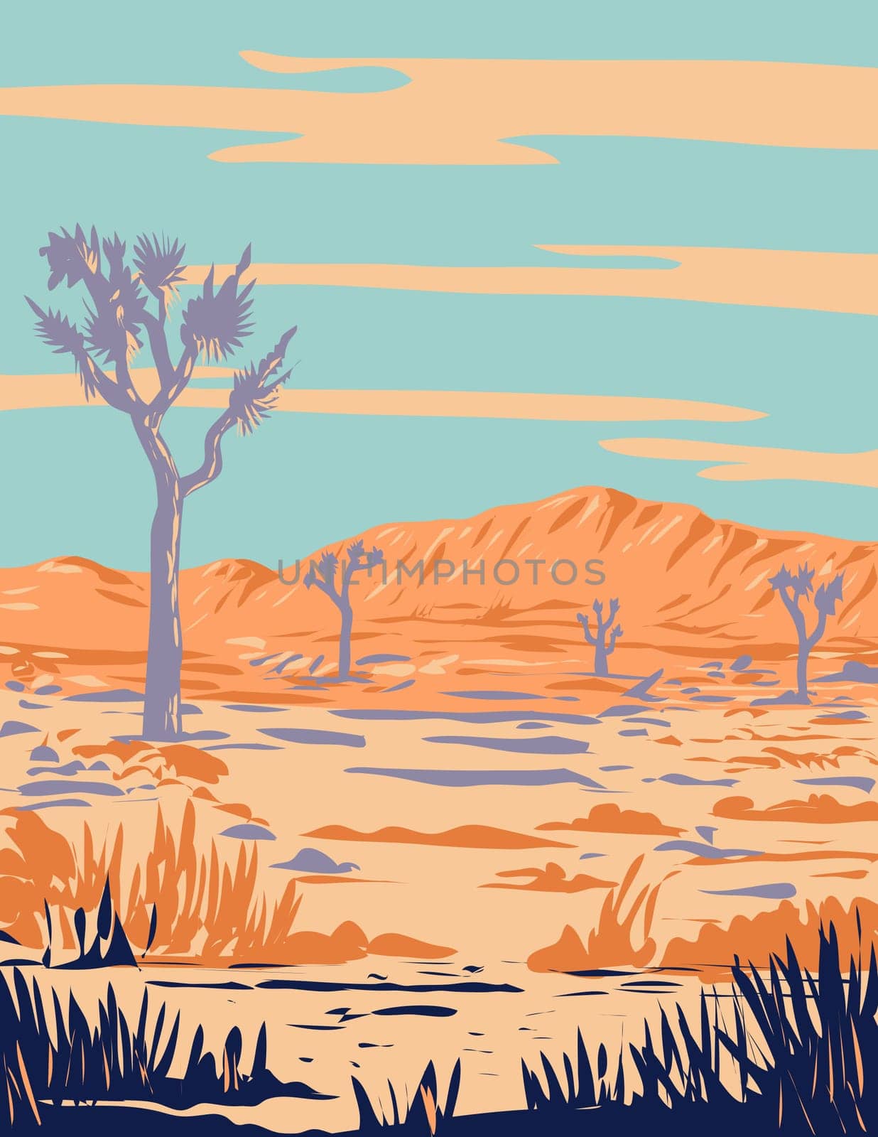 WPA poster art of Joshua Tree National Park located in Mojave Desert, California during summer done in works project administration or federal art project style.