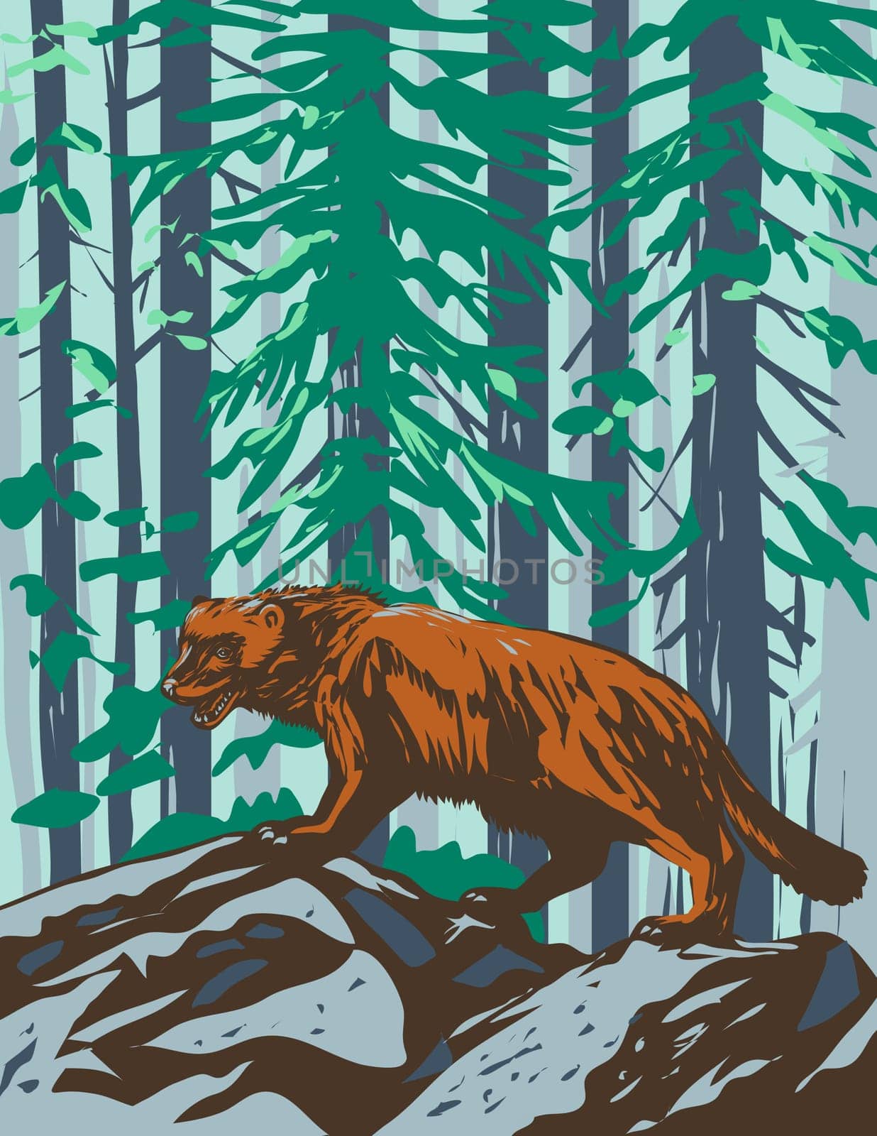 WPA poster art of a wolverine or the glutton, carcajou or quickhatch in Yellowstone National Park, Wyoming USA done in works project administration.