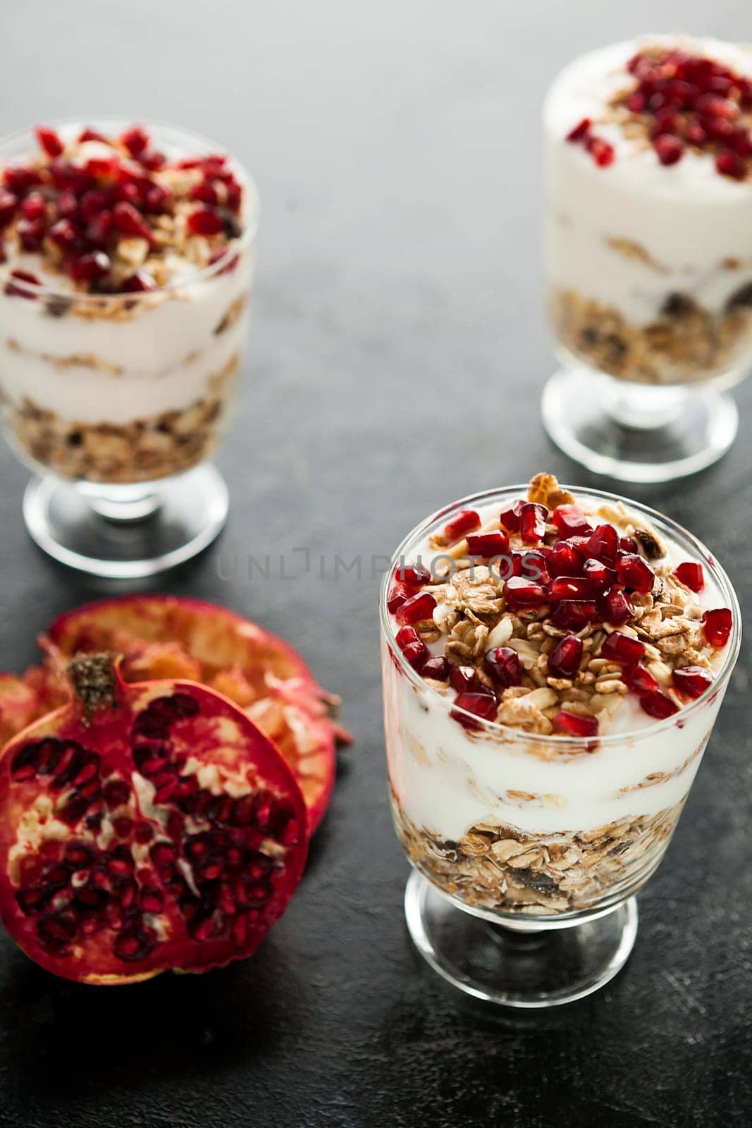 Three glasses filled with home made muesli by DCStudio