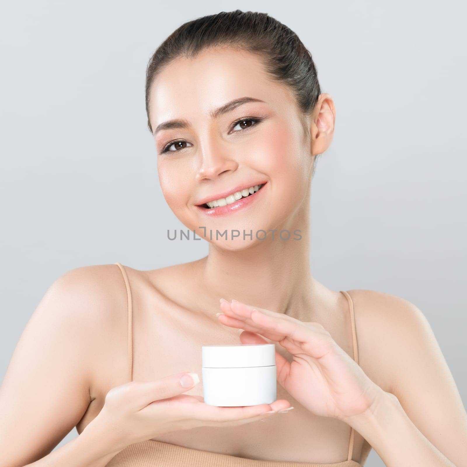 Glamorous perfect skin woman advertising mockup moisturizer jar. by biancoblue