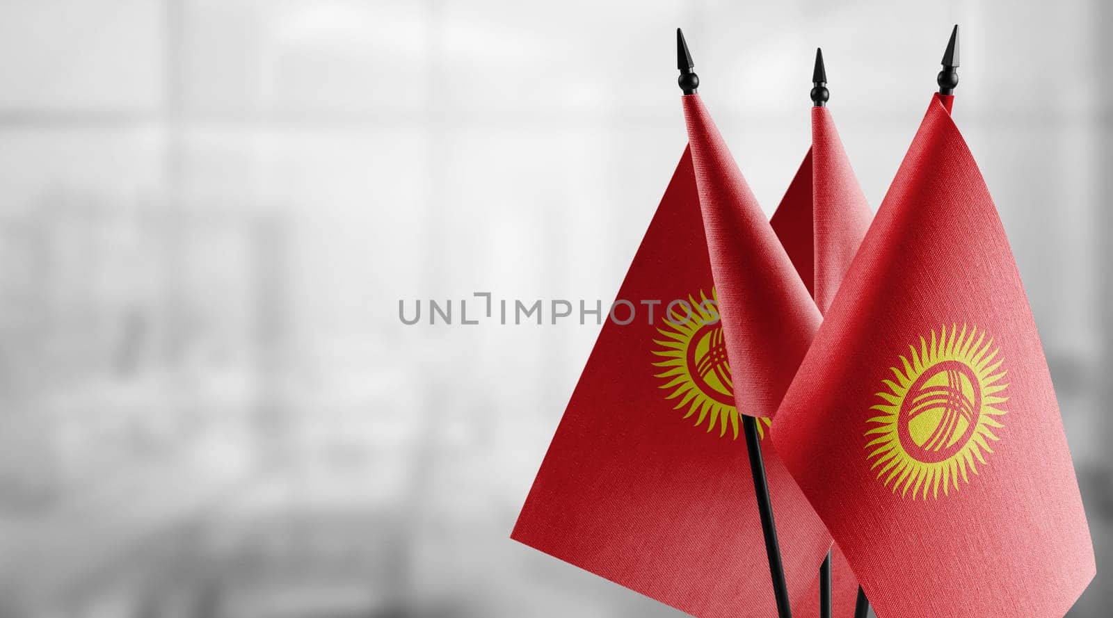 Small flags of the Kirghizia on an abstract blurry background.