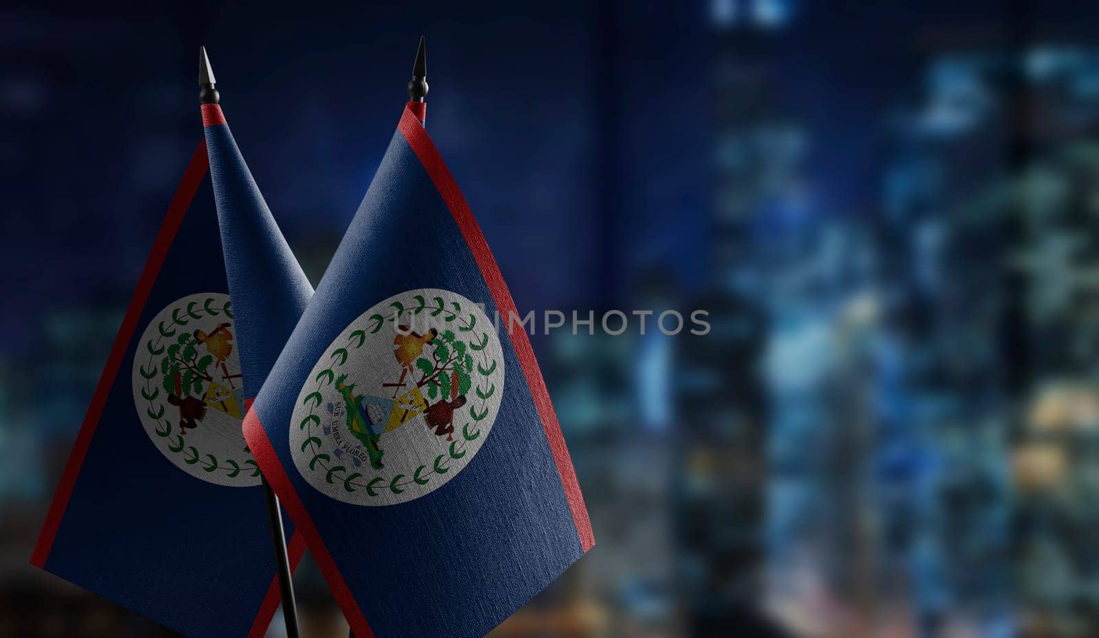 A small Belize flag on an abstract blurry background.