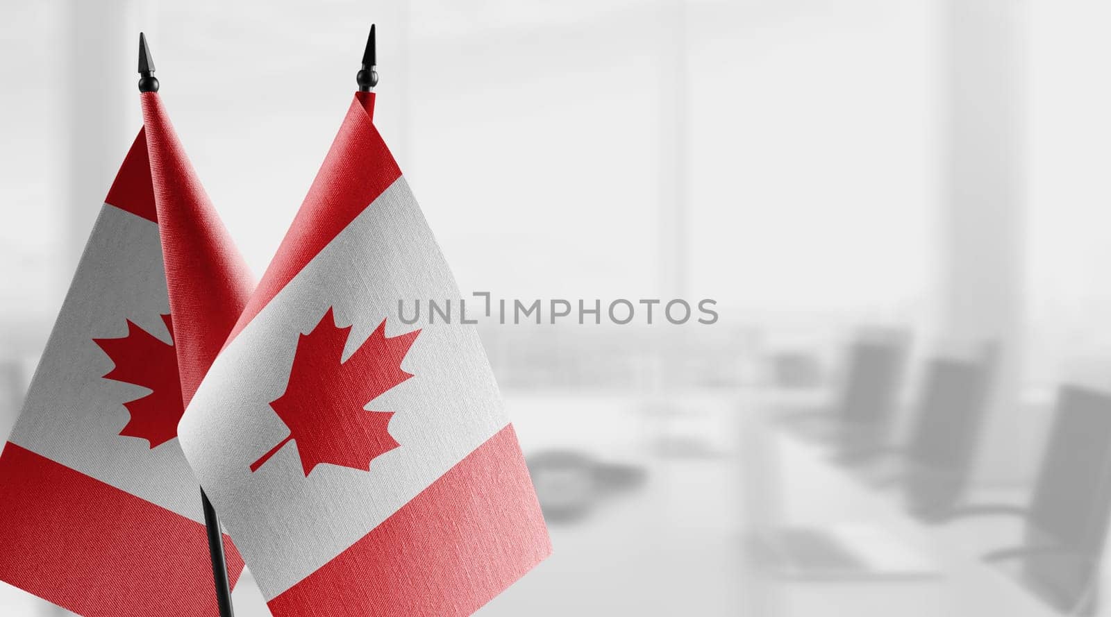 Small flags of the Canada on an abstract blurry background by butenkow