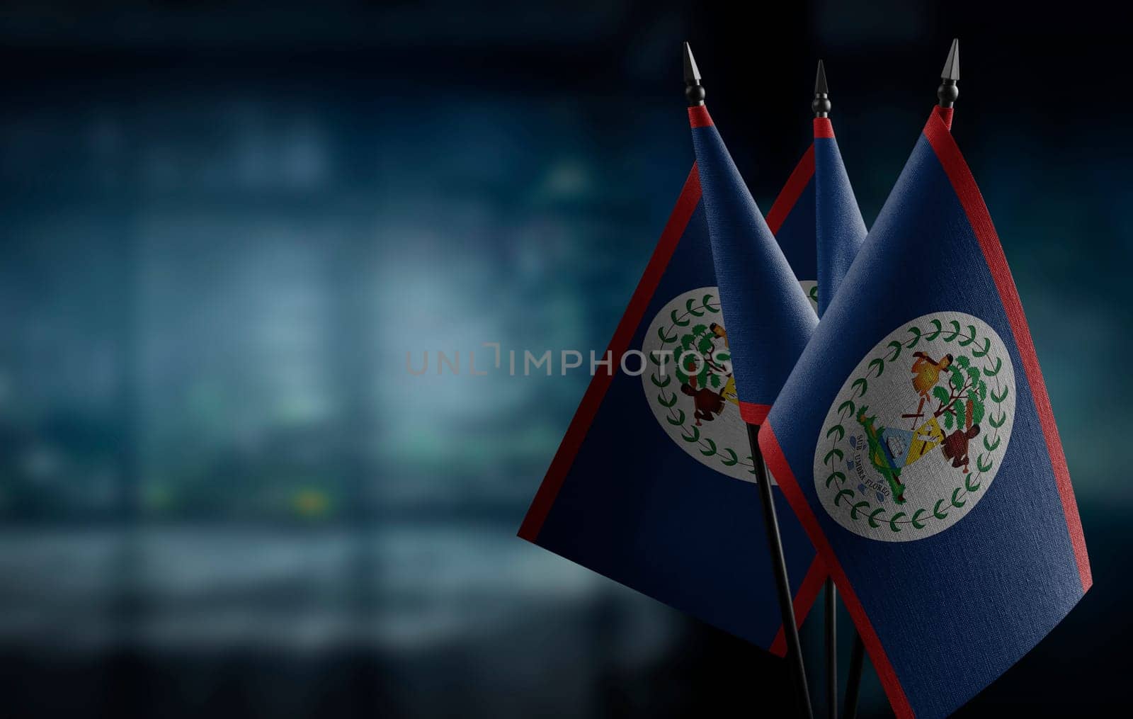 A small Belize flag on an abstract blurry background.
