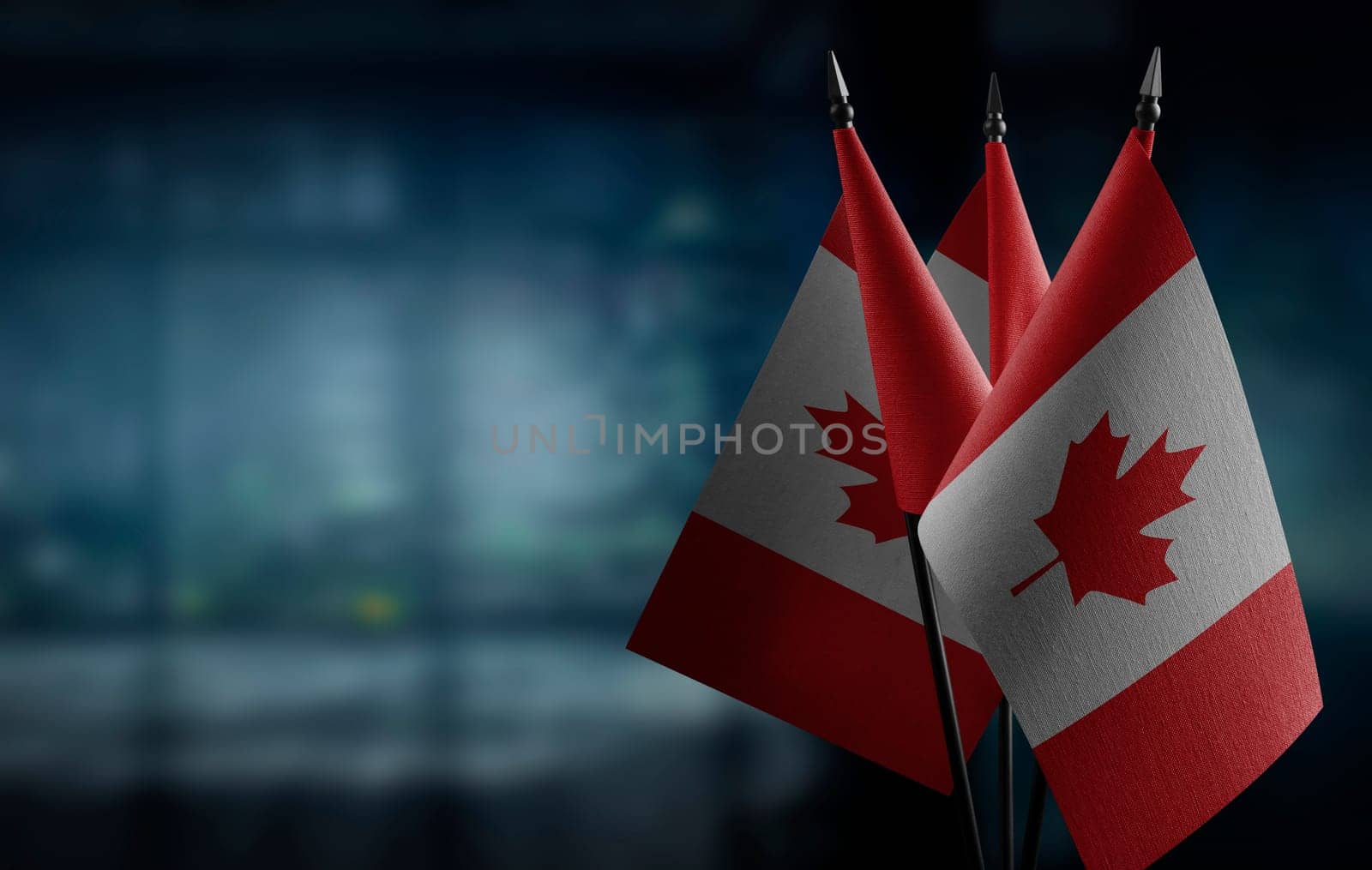 Small flags of the Canada on an abstract blurry background.
