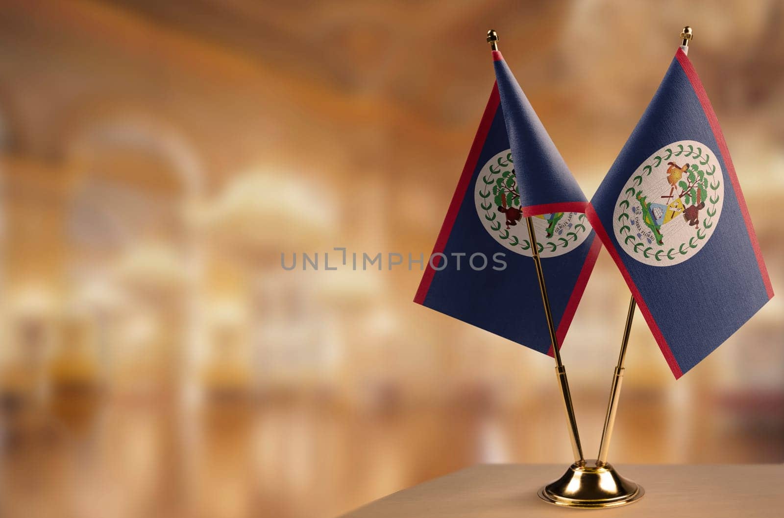 A small Belize flag on an abstract blurry background.