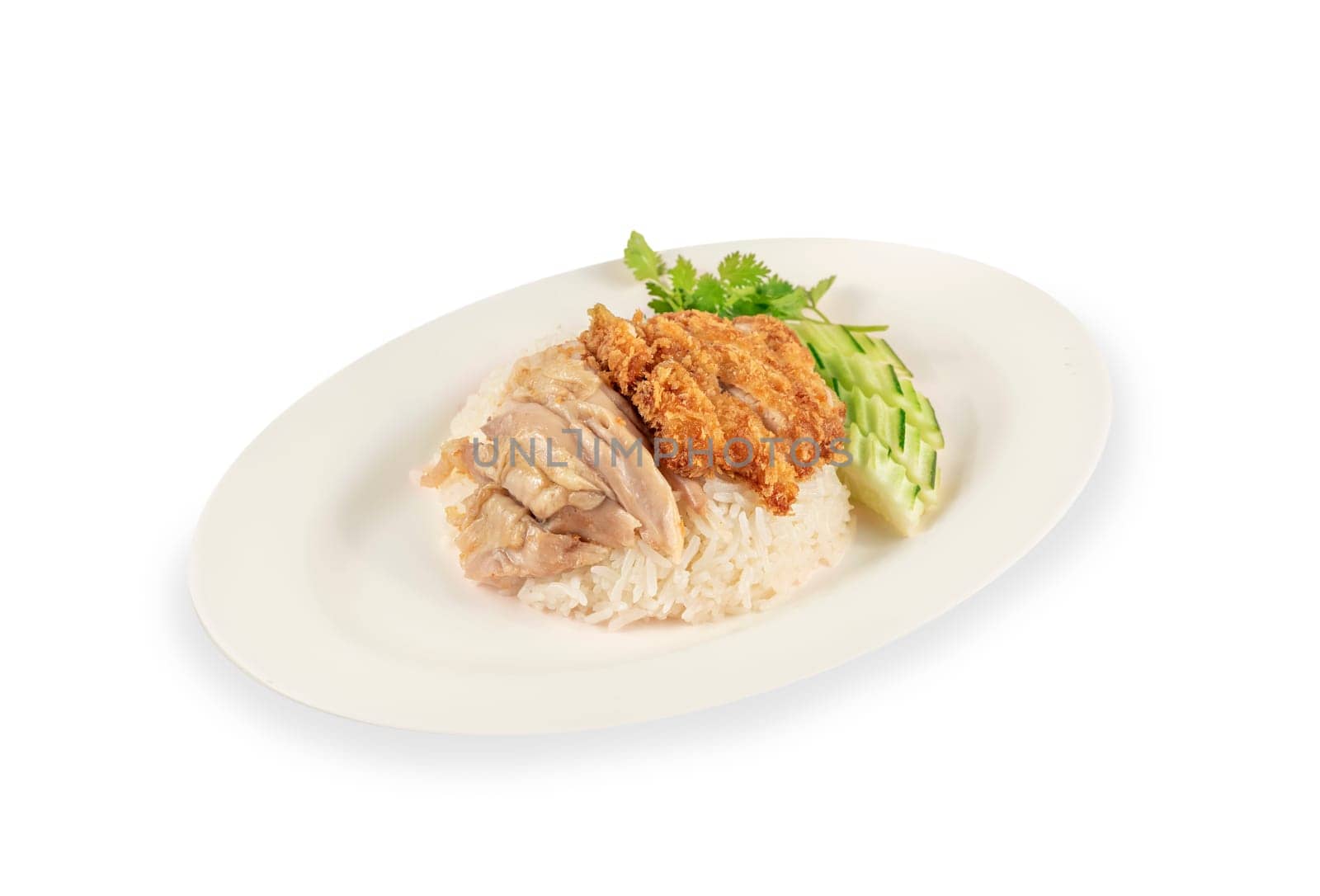 deep fried chicken with garlic served with steamed rice on dish over white background