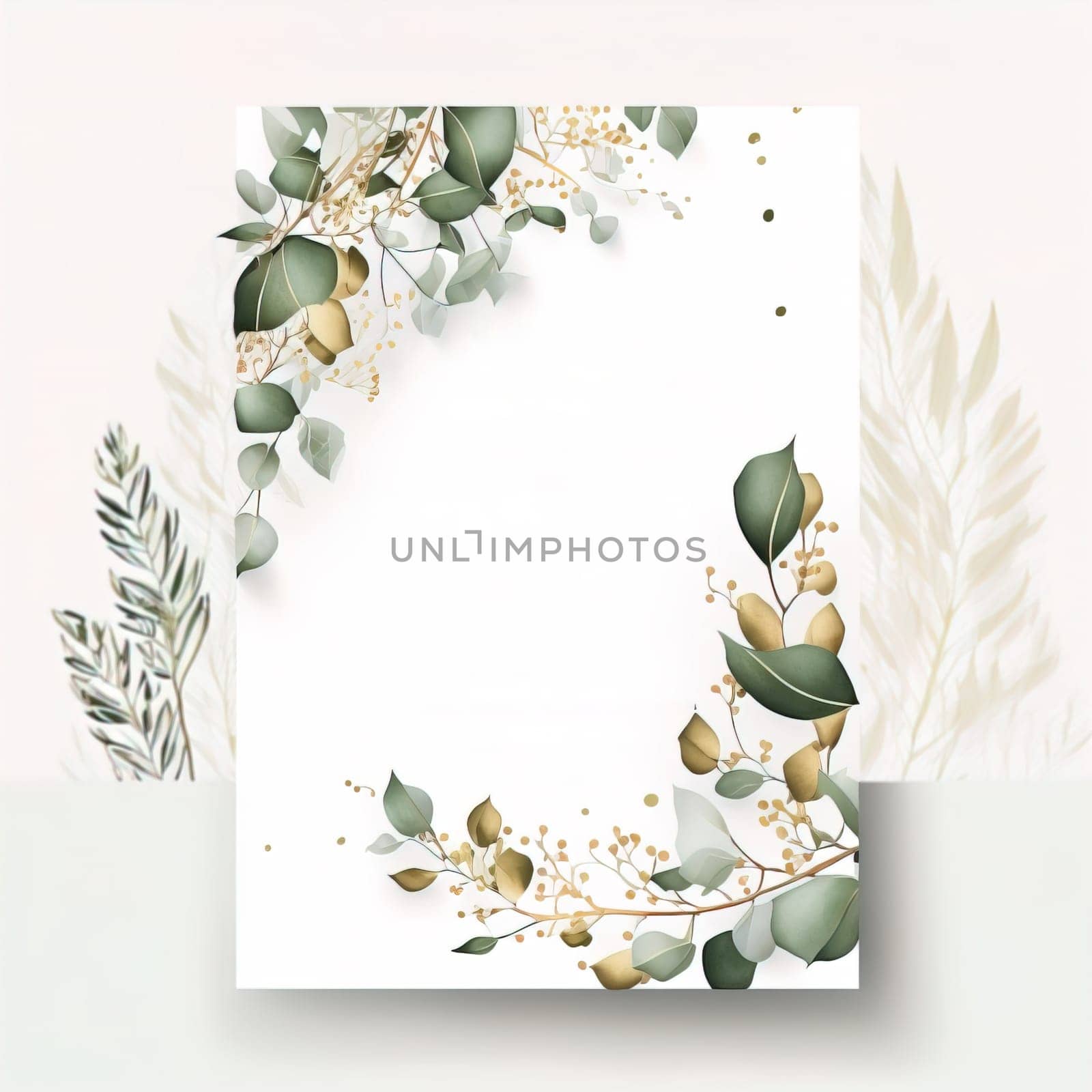Wedding floral invitation, modern card design. Rosemary, eucalyptus branches on white background with a golden pattern. Elegant rustic template. download image