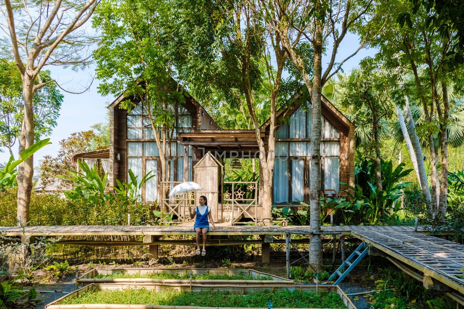 Community kitchen garden. Raised garden beds with plants with on the background wooden cottage by fokkebok